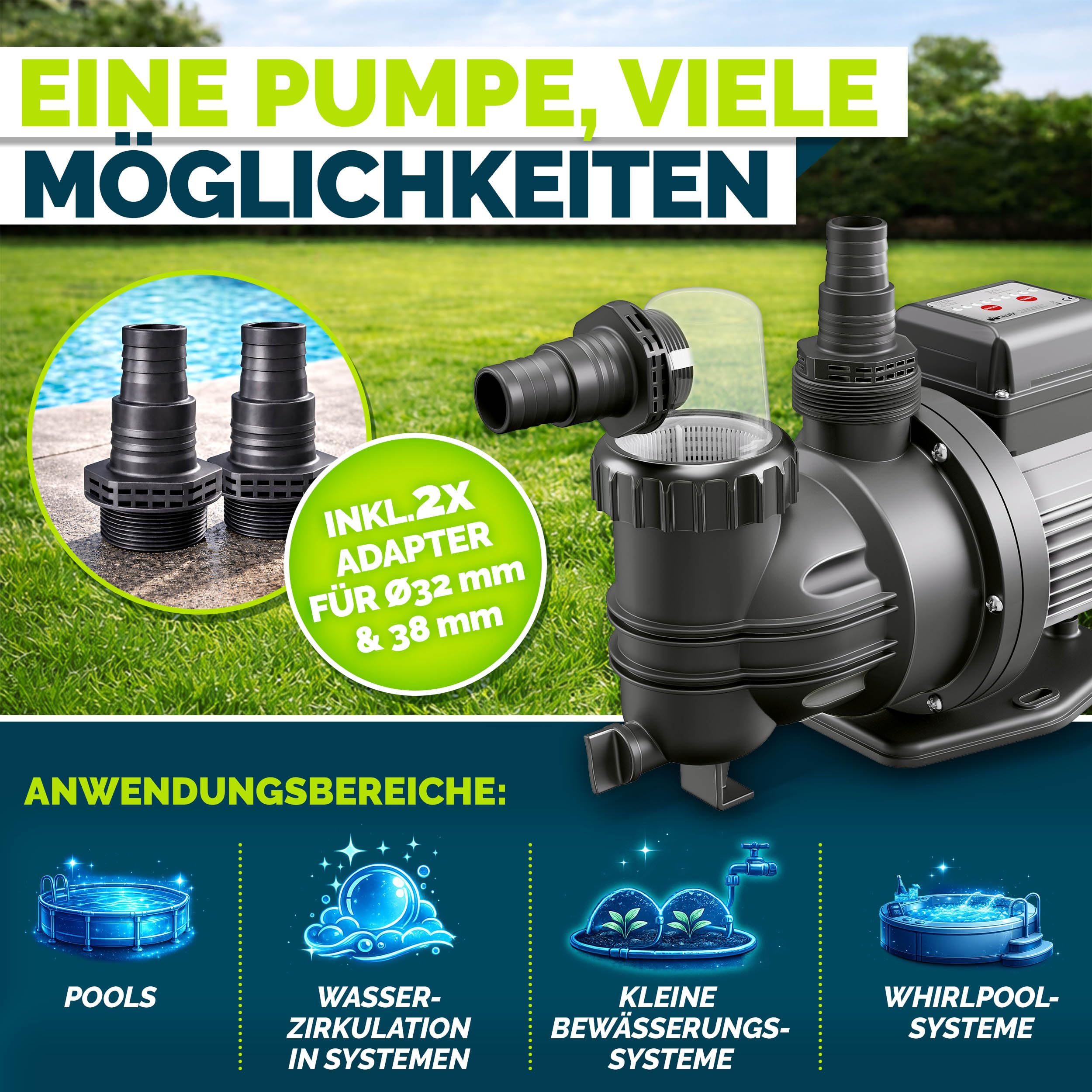 tillvex® Filterpumpe Pool mit Timer 9.500L/h & 550W | Schwimmbadpumpe Förderhöhe max. 10m | Poolfilter Umwälzpumpe für 40m³ Pools | Poolpumpe selbstansaugend für Pools Aufstellpool Spa mit Vorfilter