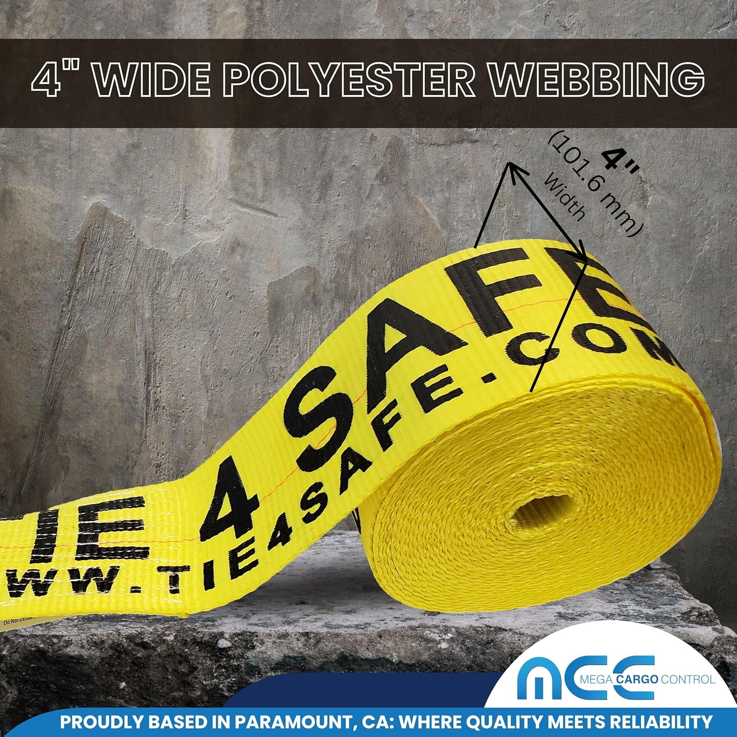 Mega Cargo Control Yellow Twisted Loop Trailer Winch Straps, 16,200 Lbs Breaking Strength - 4" x 60' Heavy Duty Tie Downs for Truck, Trailer, Hauling Cargo (1 Pack)