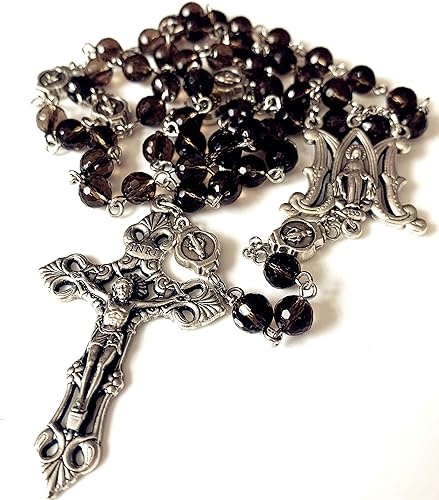elegantmedical Hecho a mano Ahumado Cuarzo Cristal Cuentas 5 Décadas María Católica María Rosario Cruz Regalos Collar Caja