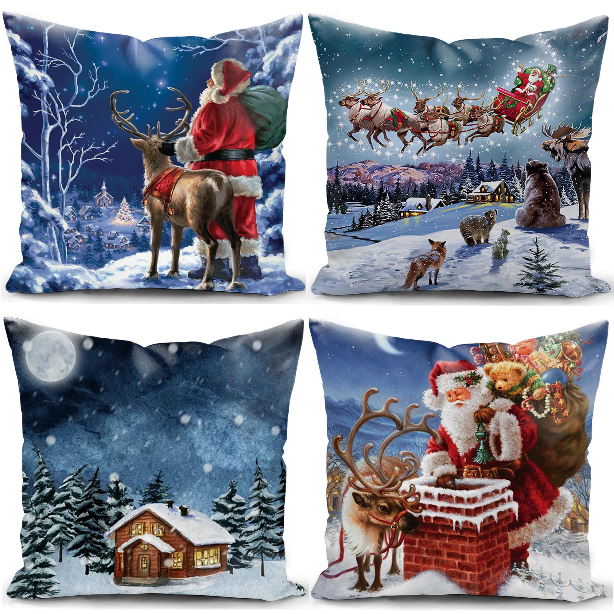 Kunqian Blue Christmas Cushion Covers Xmas Decorations Santa Claus Snowman Winter Throw Pillow Cover Set Of 4 Christmas Decor For Sofa Living Room Home 18X18 Inch 45X45cm