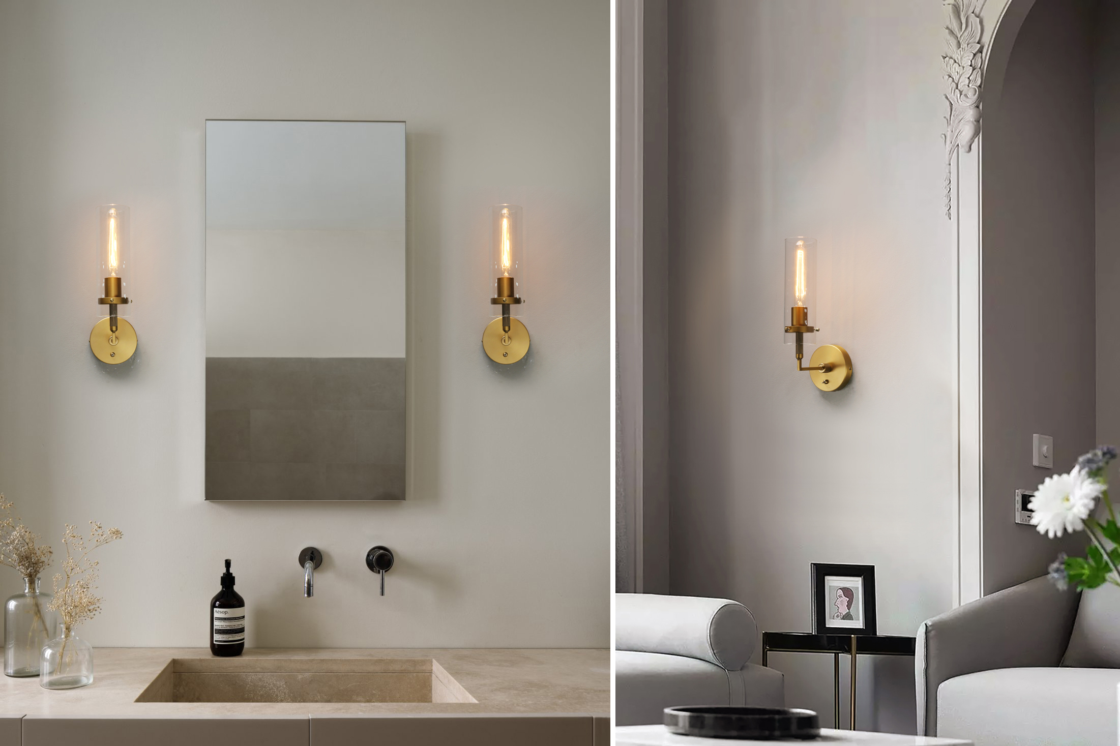 Image of Phansthy Wall Sconces with Switch Set of 2, Modern Bathroom Sconce Wall Lighting Vanity Light with Clear Glass, Wall Mount Lights for Living Room Corridor Mirror Bedroom Stairs (Black 2 Pack)