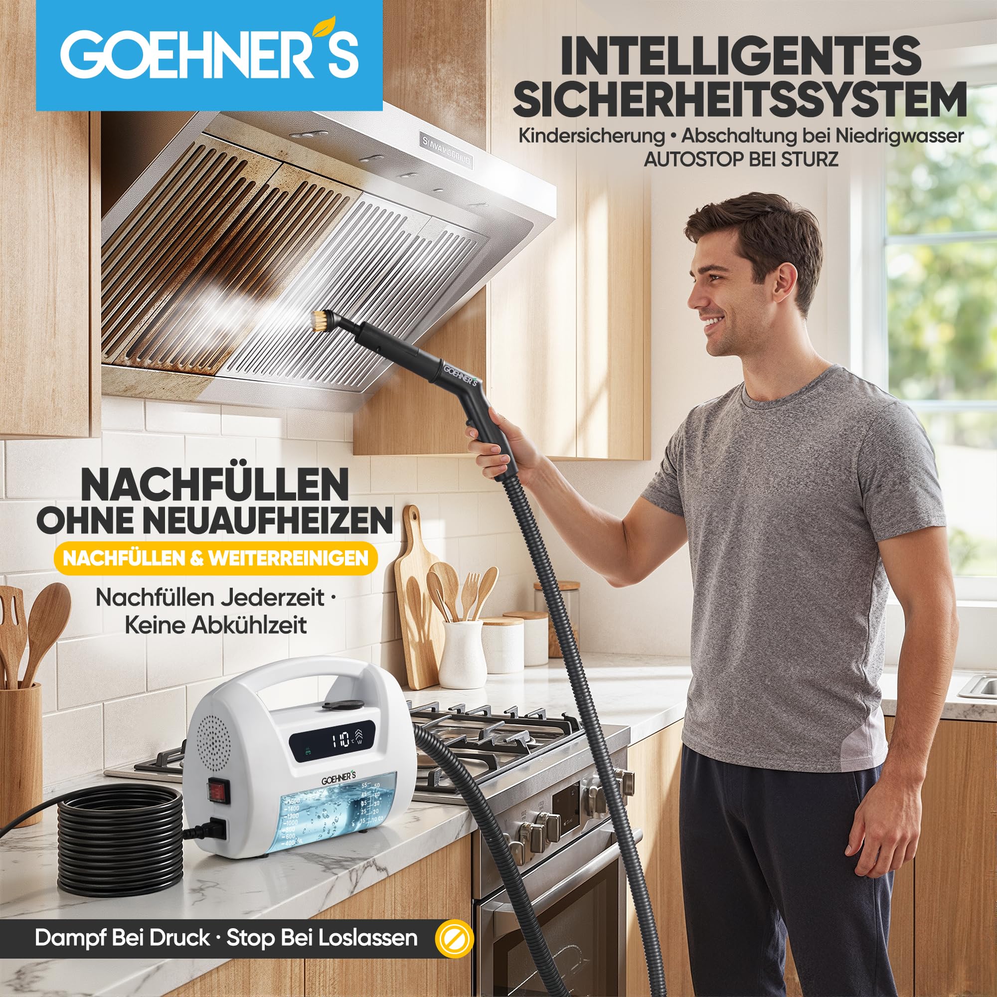 Handdampfreiniger, 110°C/3,5 Bar Hochdruck-Dampfreiniger Handgerät mit 1,6L Tank, Dampfreiniger für alles - Steam Cleaner Für Auto Fliesen Fugen Küche Bad Polster ohne Chemie (weiß)