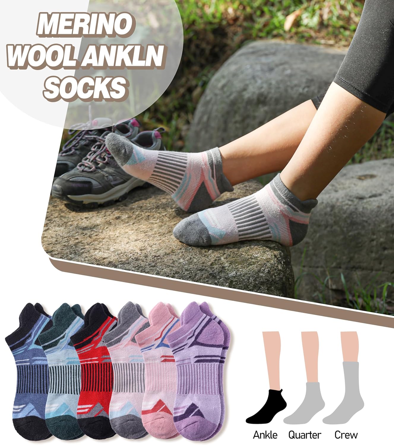 LANLEO Merino Wool Ankle Running Hiking Socks for Women Men Compression Support Thick Cushion No Show Socks 6 Pairs - Image 2