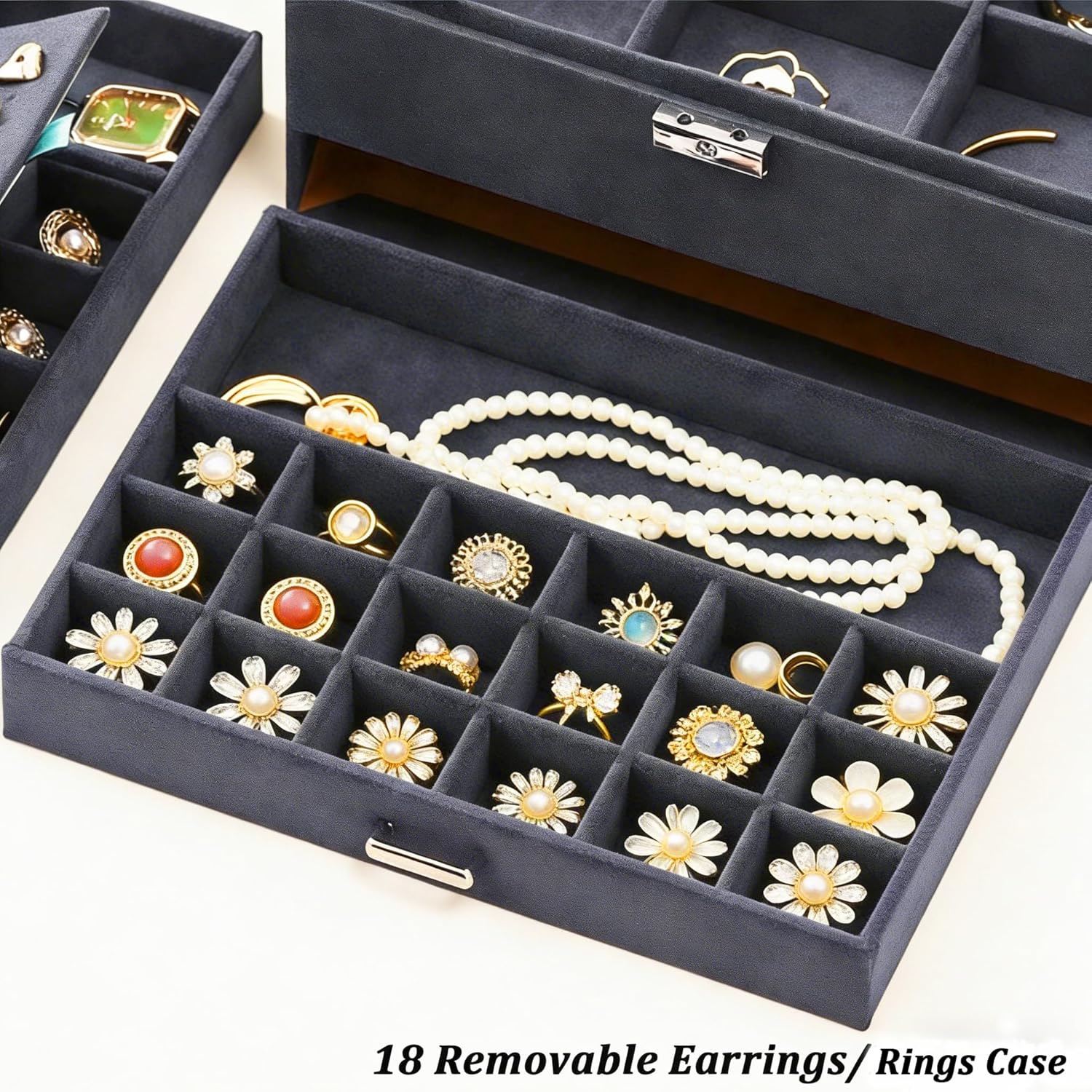 QBestry 3-Layer Jewelry Box for Women with Lock and Key & Drawer, Large Jewelry Organizer with 8 Necklace Hooks & 56 Earring Holes, Grey Velvet Jewelry Storage Box for Necklaces Earrings Ring Bracelet
