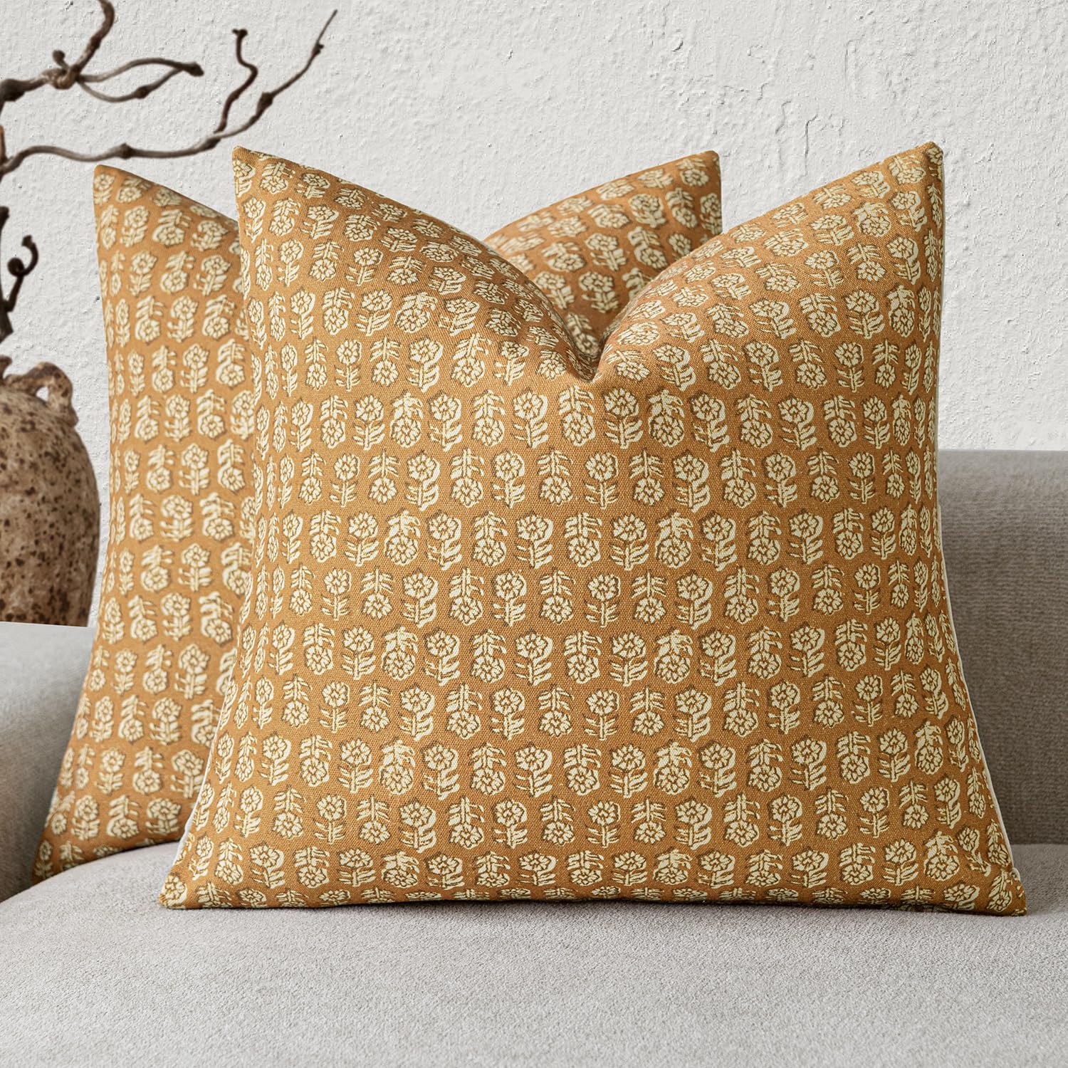 Foindtower Decorative Floral Print Throw Pillow Covers 24×24 Golden Orange