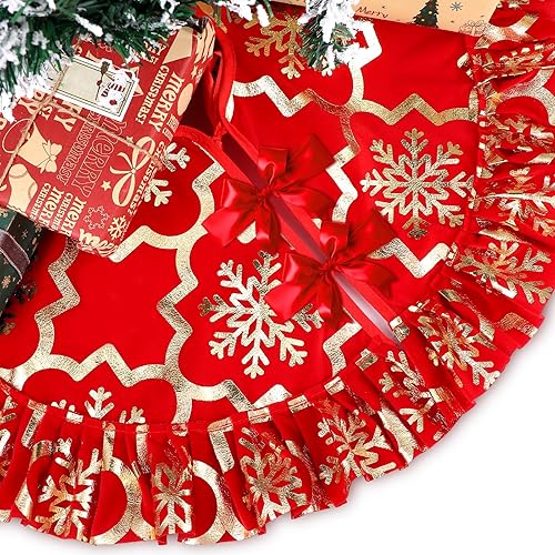 Skylety Falda de árbol de Navidad roja con purpurina, cuello redondo con volantes, plisado con volantes, decoración de fiestas de vacaciones en
