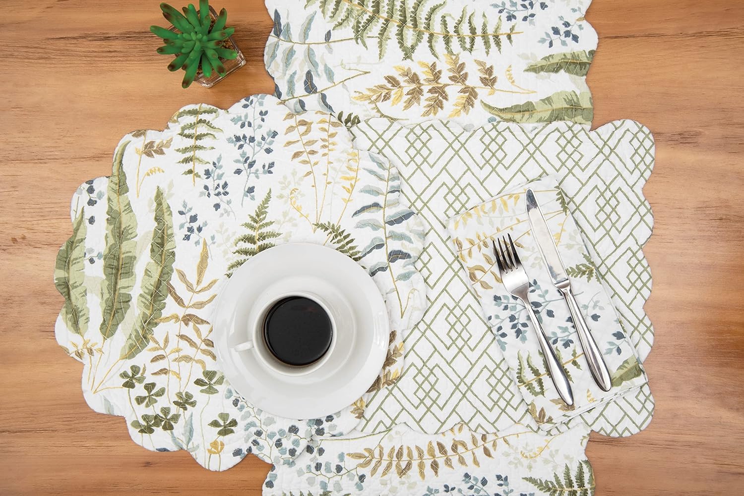 C&F Home Cecil Quilted Reversible Rectangle Table Runner White and Green Botanical Watercolor Fern and Plants Geometric Reverse Table Runner White