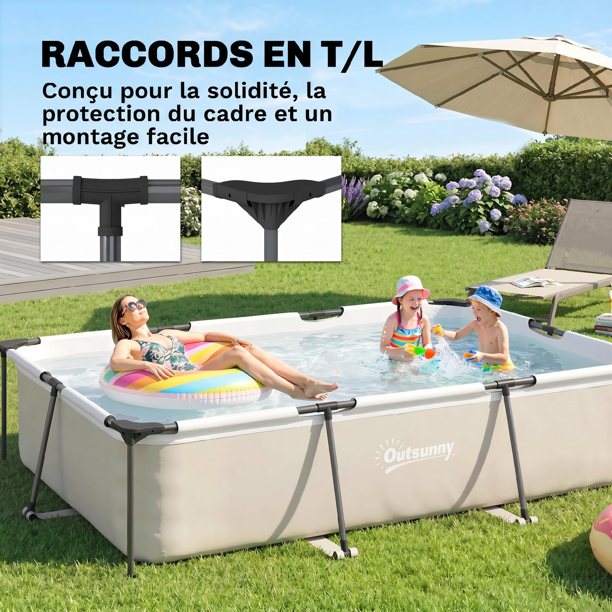 Outsunny Piscine Tubulaire Rectangulaire - 316x238x66,5cm avec Pompe de Filtration - Piscine Hors Sol Famille 3701L en PVC Triple Couche, Structure Stable Antirouille, Gris