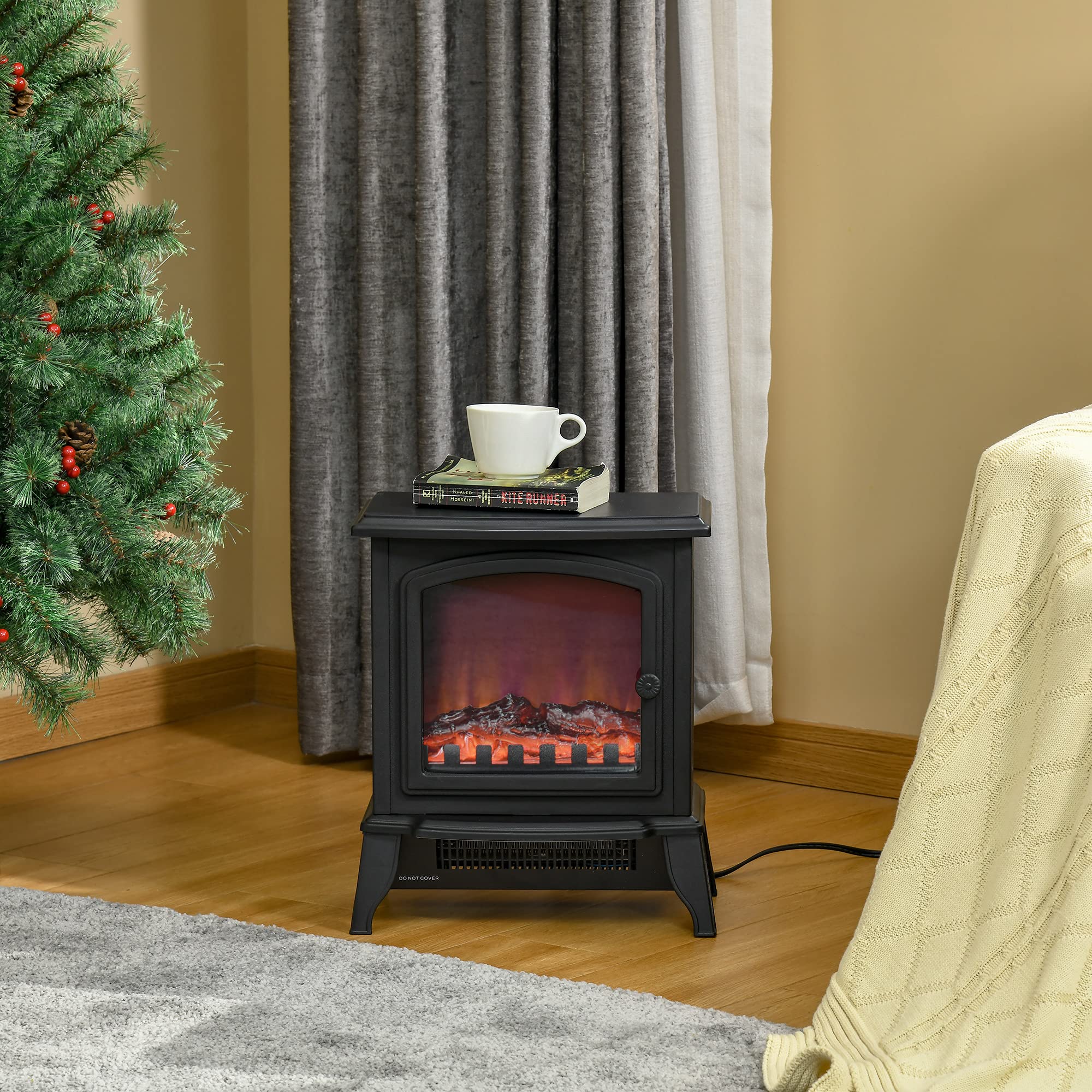 HOMCOM Camino Elettrico da Terra con Potenza Regolabile 1000W/2000W ed Effetto Fiamma Realistico, Caminetto Portatile in ABS e Vetro Temperato, 36.5x24x45.5 cm, Nero