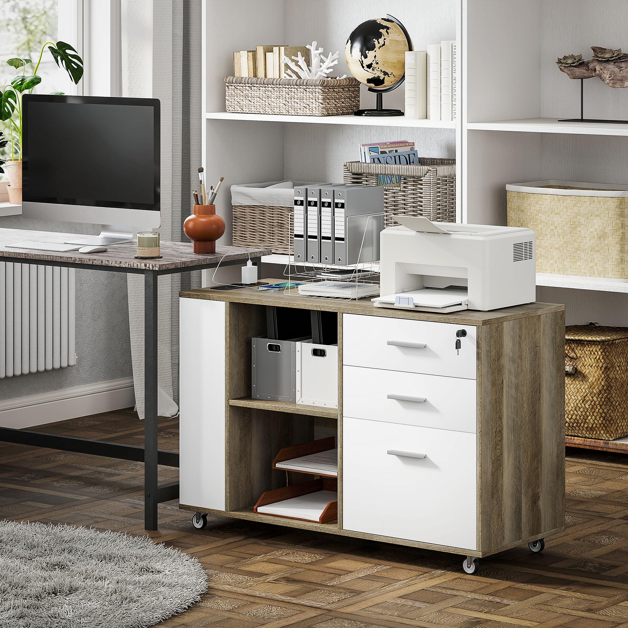 HOMCOM Cajonera de Oficina con Estación de Carga, Mueble Archivador con Ruedas, 3 Cajones, Barra Colgante, Cajonera para Escritorio con Cerradura, Estantes para Carta, A4, Legal, Marrón Grisáceo