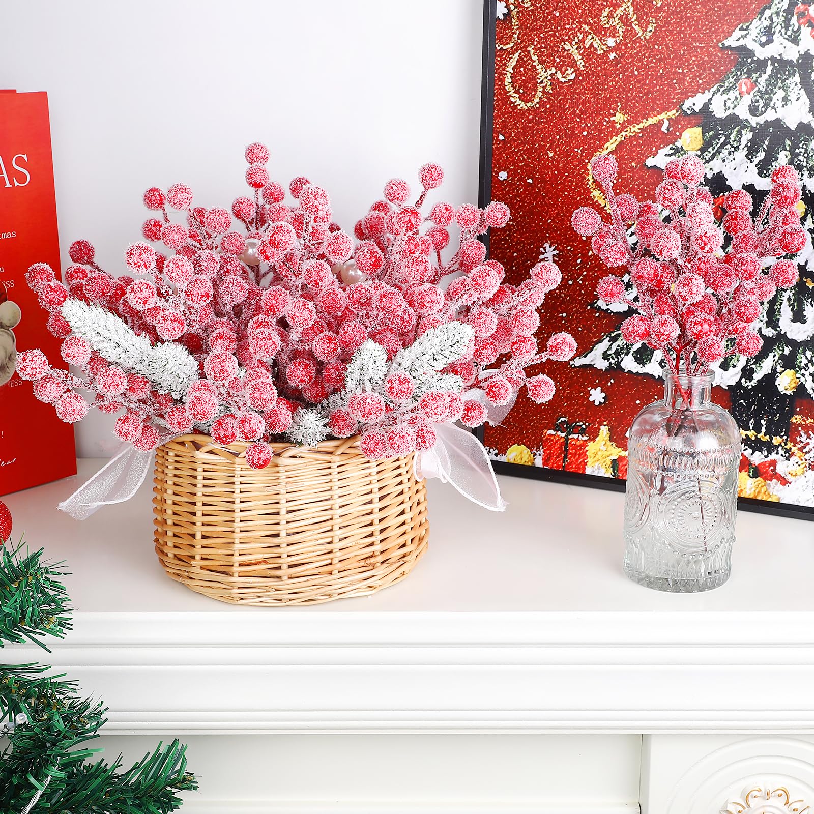 Fangoo 32 Pezzo 23 cm Artificiali Spruzzo Innevato Bacche Rosse Rami di Natale Bacche Rosse Decorazioni per Decorazione Albero di Natale Ghirlande Matrimonio Decorazioni per Feste In Casa