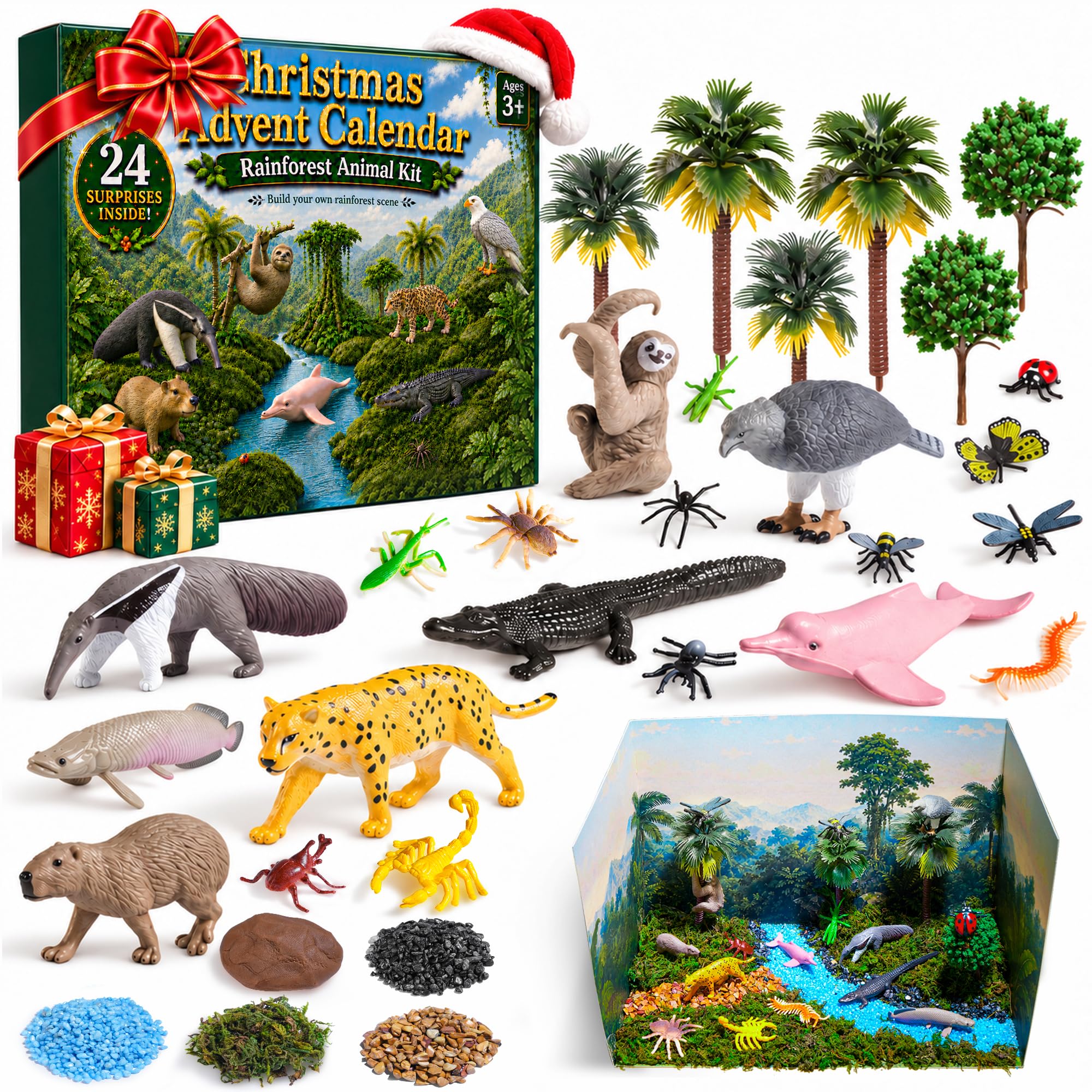Meloome Adventskalender 2026 Kinder, Regenwald Tiere Figuren Spielzeug Set, 3D-Regenwaldkulisse, DIY Regenwald-Diorama Tiere Figuren Set, 24-Tage Weihnachtskalender,Spielzeug ab 3-12 Jungen Mädche