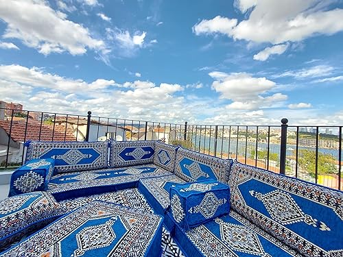 Miniatura 6 de arabicsofa Juego de sofá árabe en forma de U – Asientos modulares de piso azul real para habitación de invitados