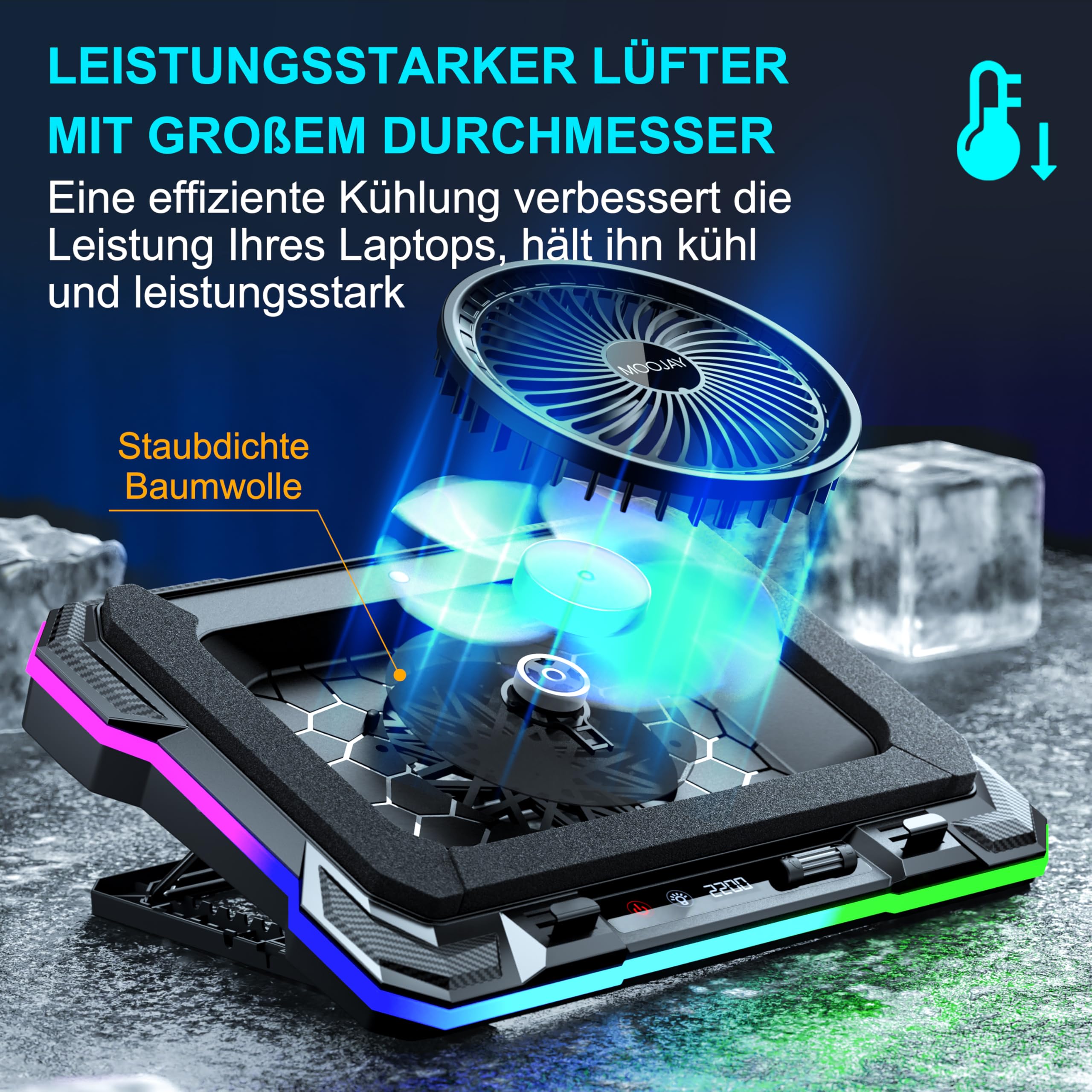 Laptop Kühlkissen Leistungsstarker Turbolüfter RGB Gaming Notebook Kühler MOOJAY Laptop Lüfter Kühlständer mit 8 Höhenverstellbar und Handyständer, für 14-19 Zoll Laptop - Eisblau LED Licht
