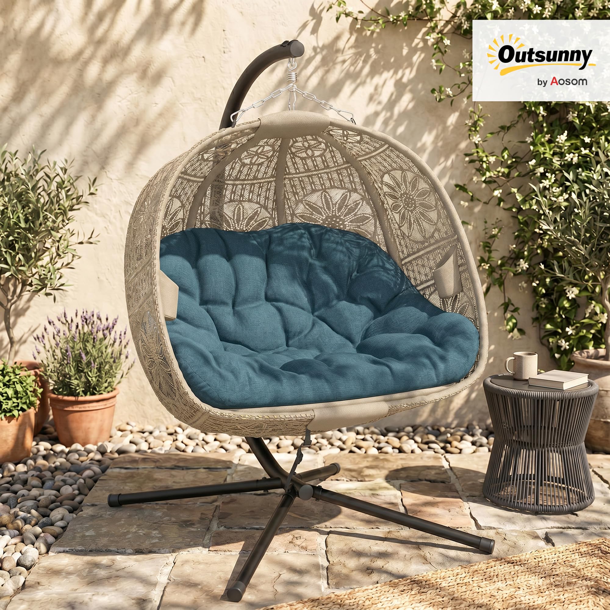 Outsunny Hängesessel mit Gestell, Eiförmiger Hängeschaukel mit abnehmbarem waschbarem Kissen, Hängematte für 2 Personen, Schaukelsessel Indoor Outdoor, Sand+Schwarz