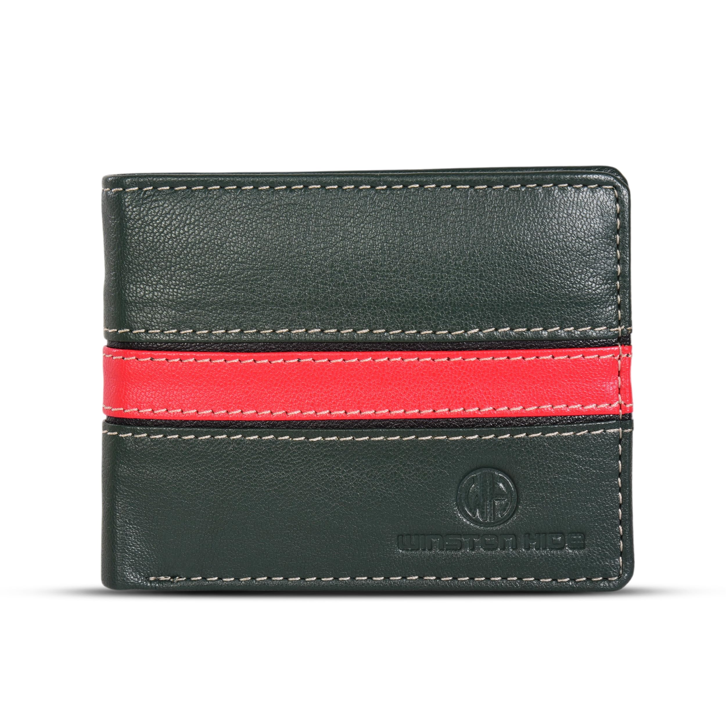 Men's Genuine Leather Wallet – Slim Bifold with RFID Blocking, 3 Card Slots, Coin Pocket & Hidden Compartments for Secure Daily Carry & Travel (Green with Red Accent)-image-8