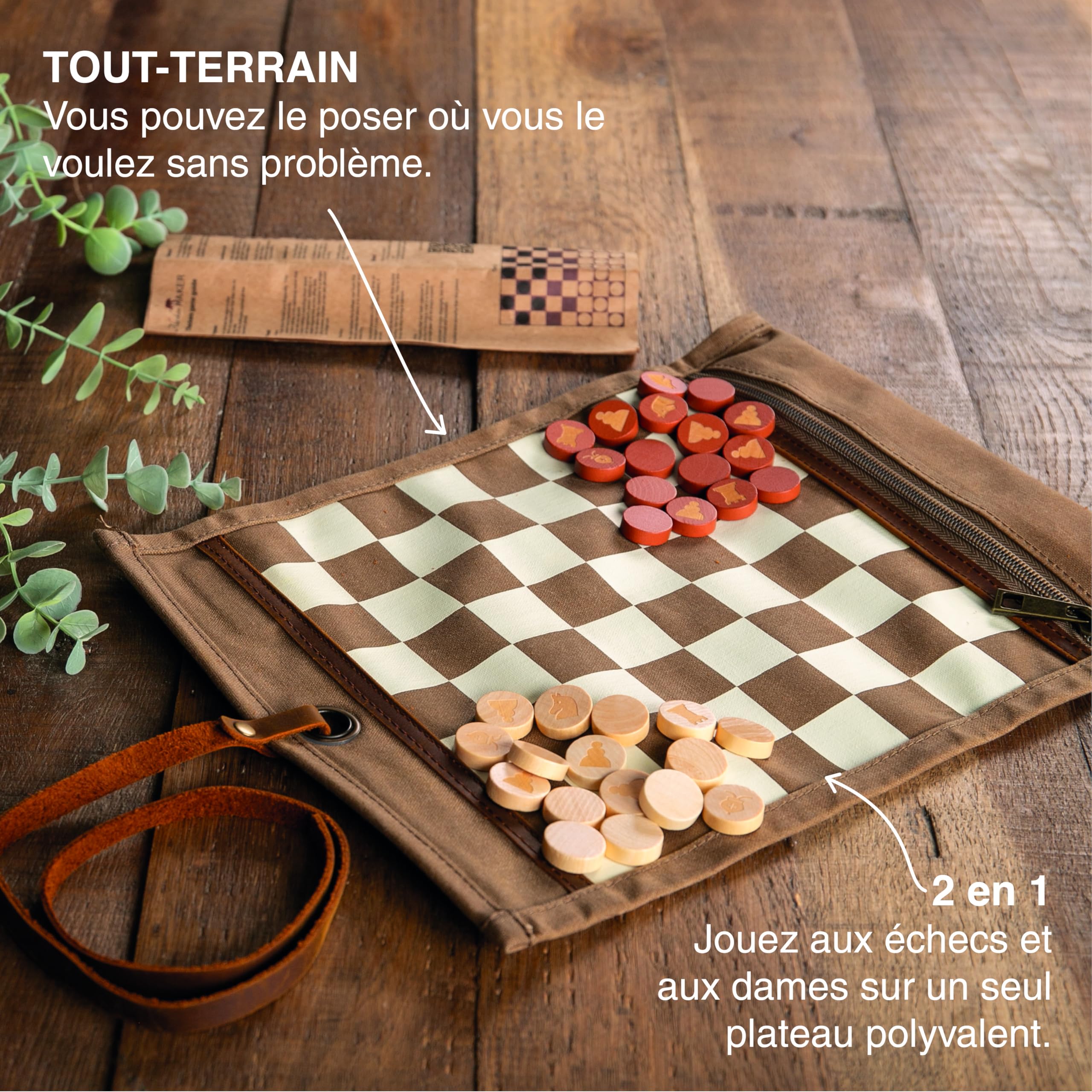 Alaskan MAKER - Juego de ajedrez y señoras 2 en 1 - Alfombra de lona enrollable enrollable - Peones de madera - Correa de piel completa flor - Ideal para viajar y jugar en cualquier lugar (habana)