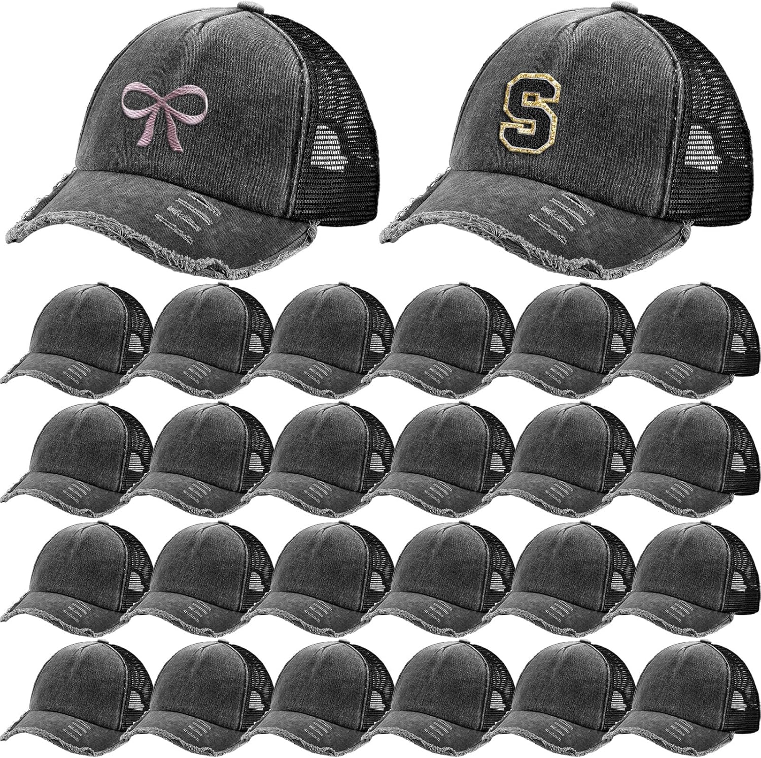 Suhine 24 Pcs Blank Baseball Caps Bulk Unisex Vintage Cap Mesh Distressed Hats Plain Adjustable Dad Hat for Women Men Trucker