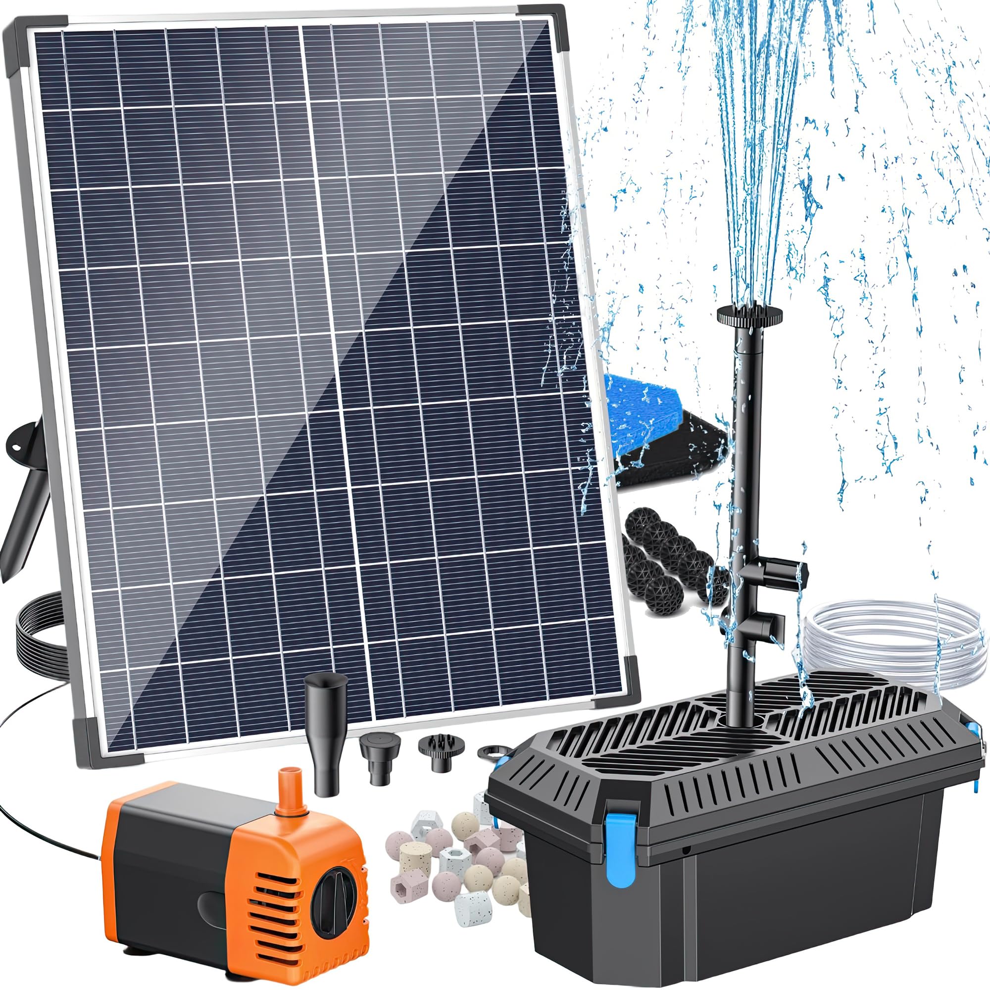 Antfraer 30W Solar Pond Filter with Water Pump Kit, Solar Pond Pump with 6.6FT PVC Tubing &amp; 16.5FT Cord Pond Filter for Outdoor Garden Waterfalls, Koi Ponds &amp; DIY Water Features