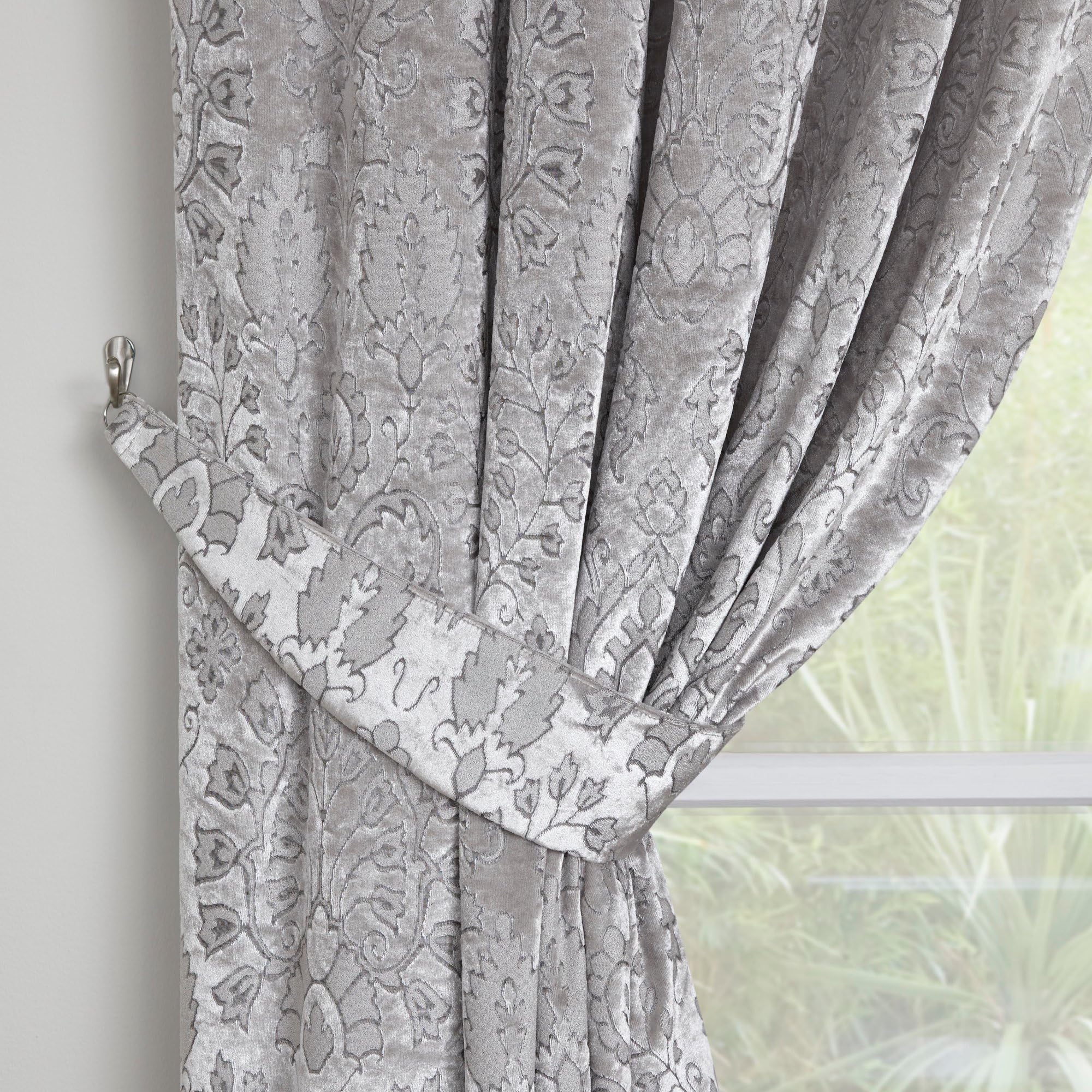 Curtina - Silver Damask Curtain Tie Backs - Silver Velvet Curtain Tiebacks - Silver Floral/Botanical Curtains Holdbacks - Silver Curtains Holdbacks โ image 1