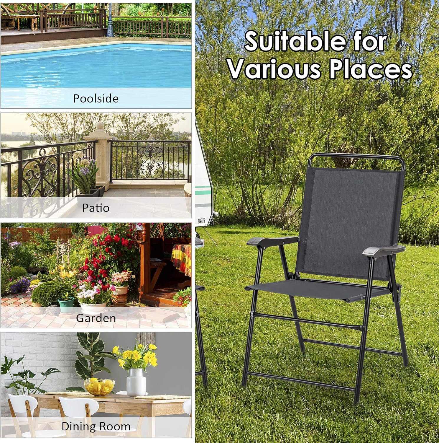 Hysache Patio Folding Chairs Set of 4, 4pcs Portable Dining Chairs, Patio Furniture Chair Set w/Curved Armrest & High Backrest for Garden, Backyard, Lawn