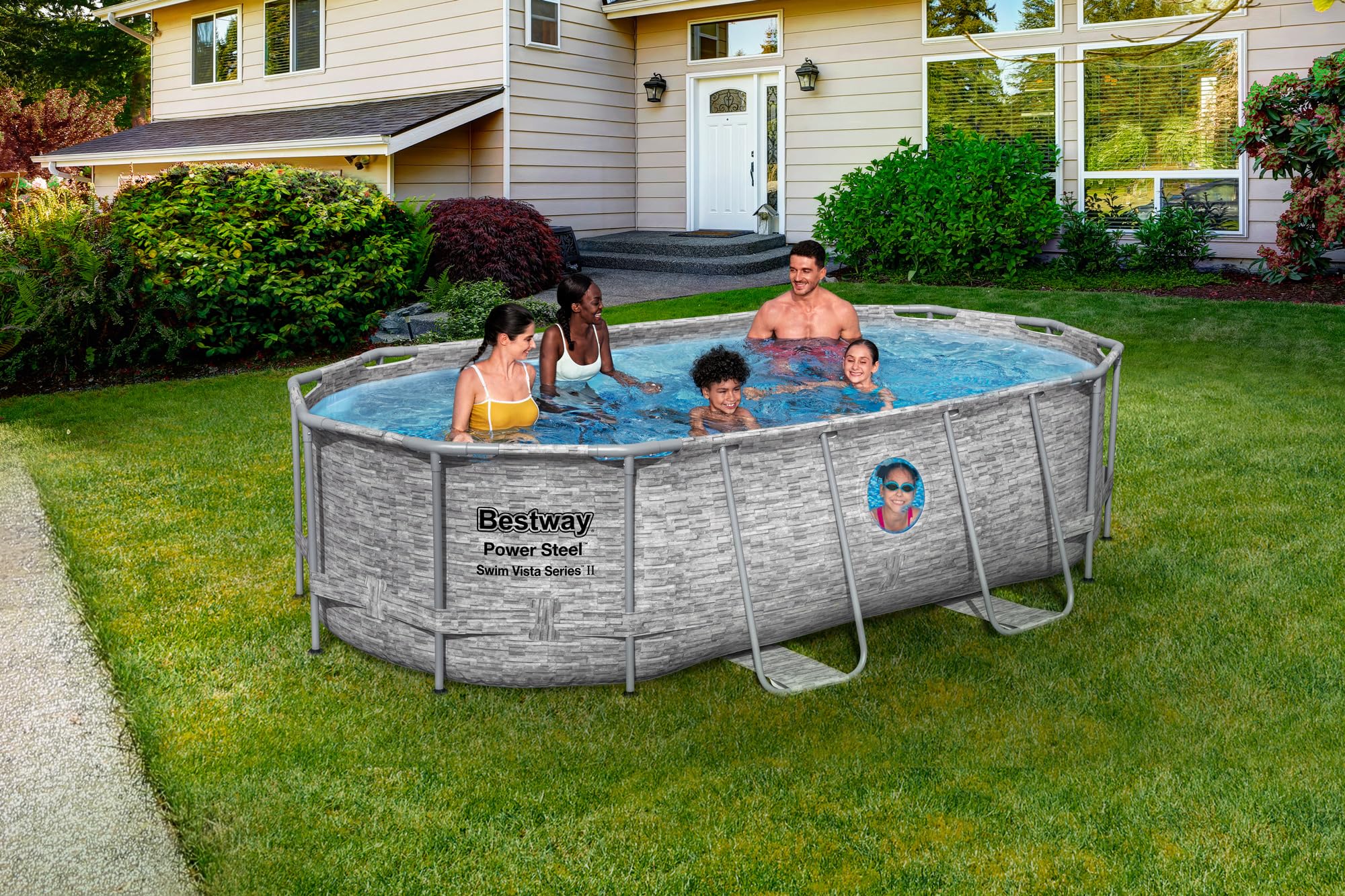 Bestway Power Steel Swim Vista Series Frame Pool Komplett-Set 427 x 250 x 100 cm Steinwand-Optik Cremegrau oval