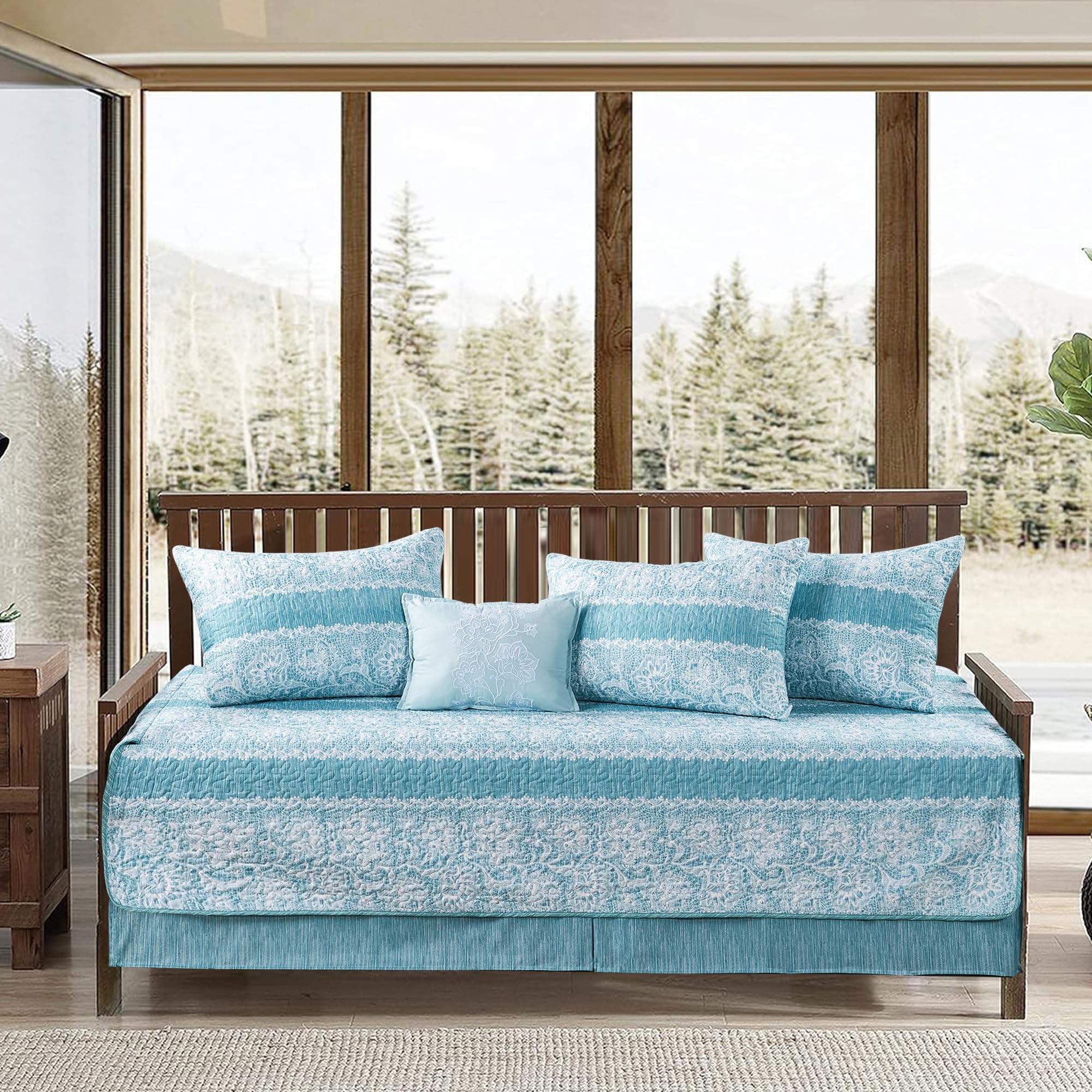 BYTIDE 6 Piece Reversible Microfiber Florals and Stripes Printed Daybed Cover Set, All Season Luxury Bedding with Bedskirt, Matching Shams, Decorative Pillow, 75