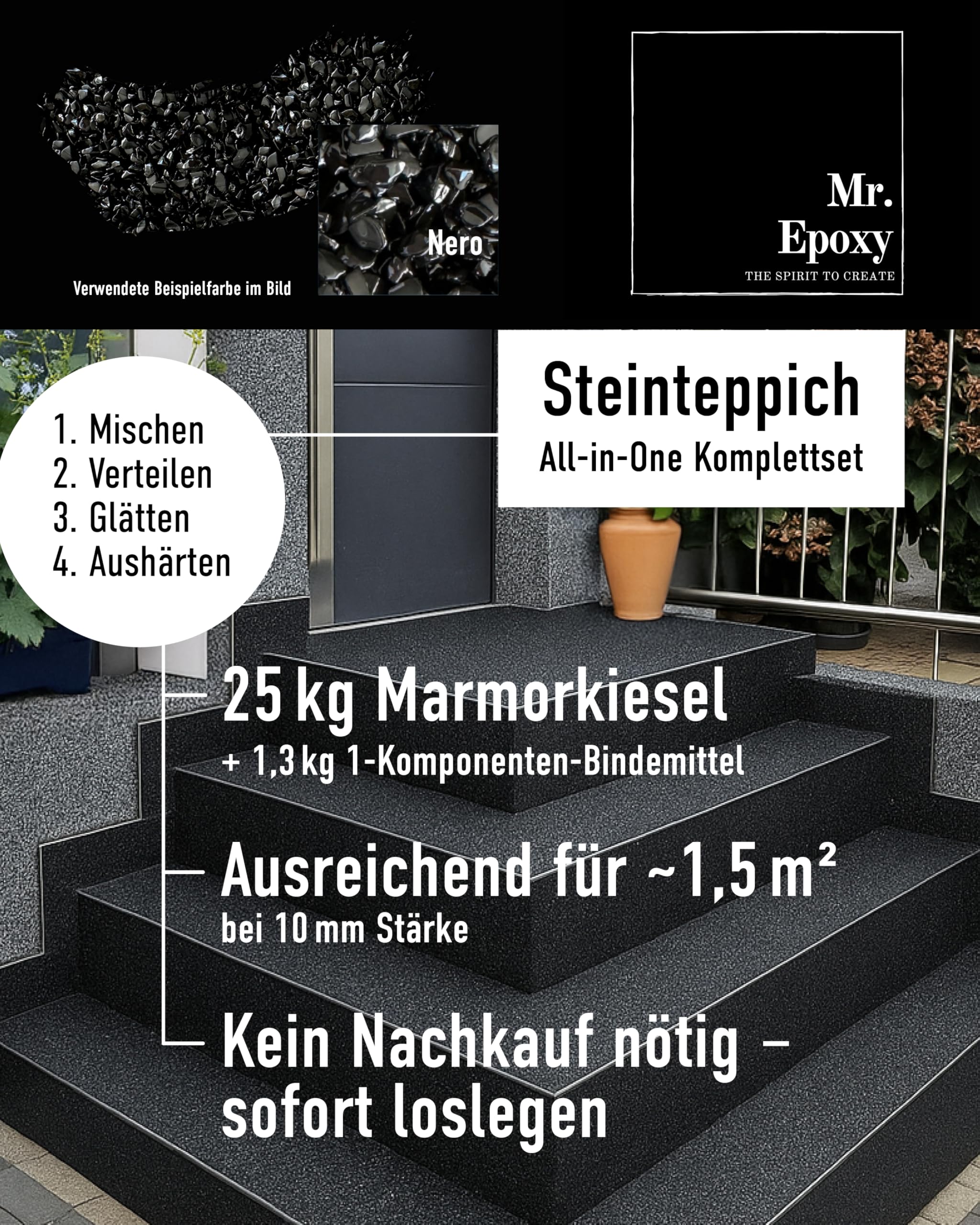 Steinteppich für Außen & Innen Komplettset (25kg Kies + 1,3kg Bindemittel) - UV-Stabil & Geruchsneutral - Buntsteinputz mit Versiegelung als Bodenbelag (Crema)