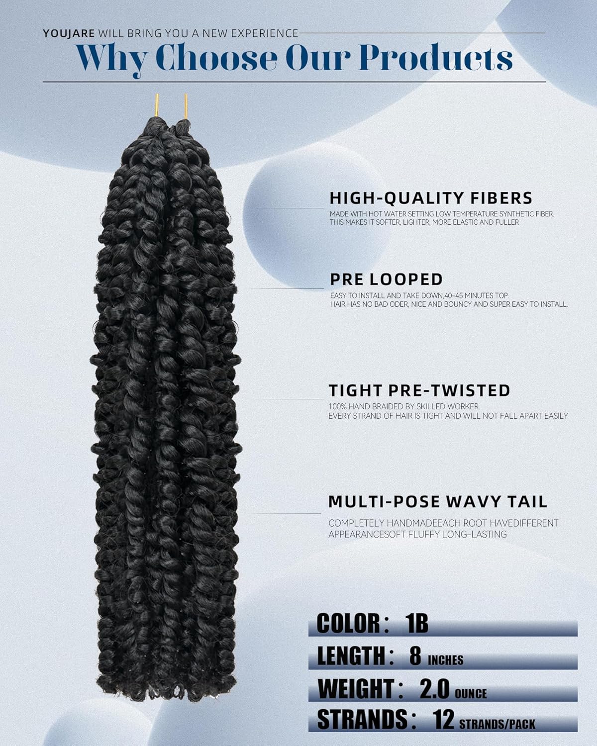 Pre-looped Passion Twist Crochet Hair 14 Inch 8 Packs,Long Shoulder Length Synthetic Spring Kinky Twist Braiding Hair Extensions for Black Women,Easy to Install (14"-8P,1B#)