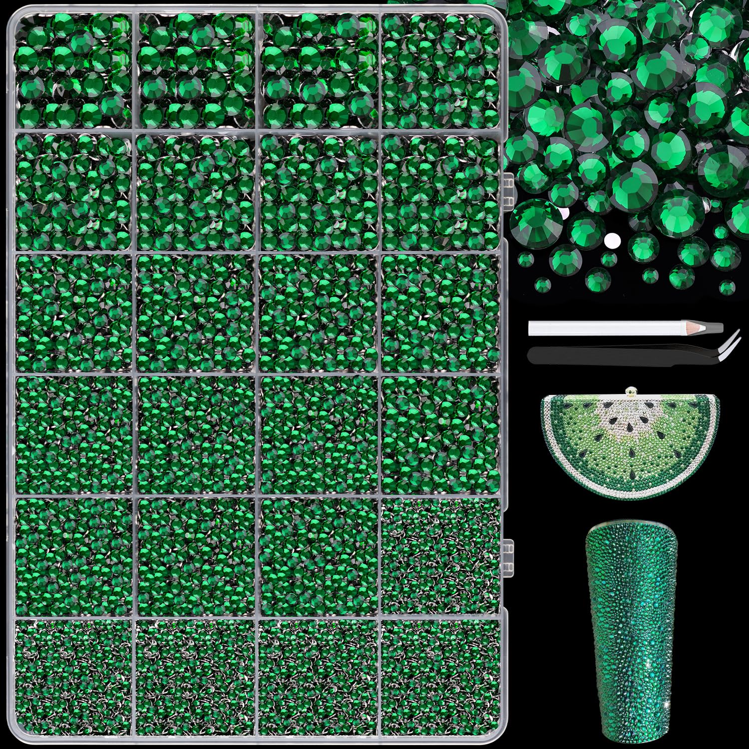 25000Pcs Resin Jelly Rhinestones with Tweezers for Crafting, 2-6mm Mixed Sizes (Dark Green) Non Hotfix Flatback Gems, Bedazzling Crystal for DIY
