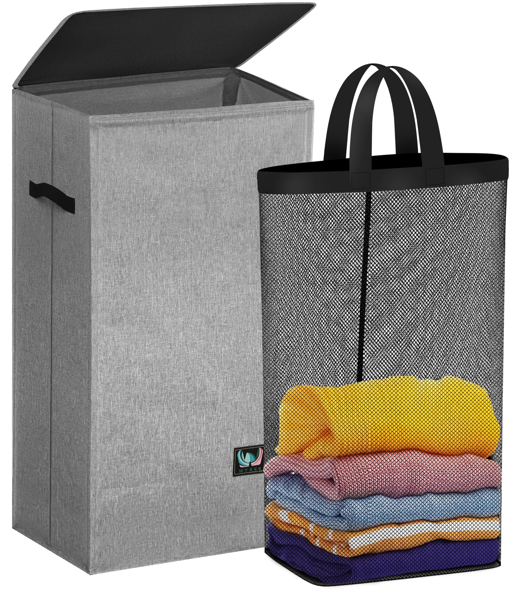 WTREE Laundry Hamper with Lid, Reinforced Sturdy Clothes Hamper with Anti-Puncture Base, Large Collapsible Laundry Basket with Removable Liner Bag, Tall Dirty Clothes Bin for Family, 100L Grey