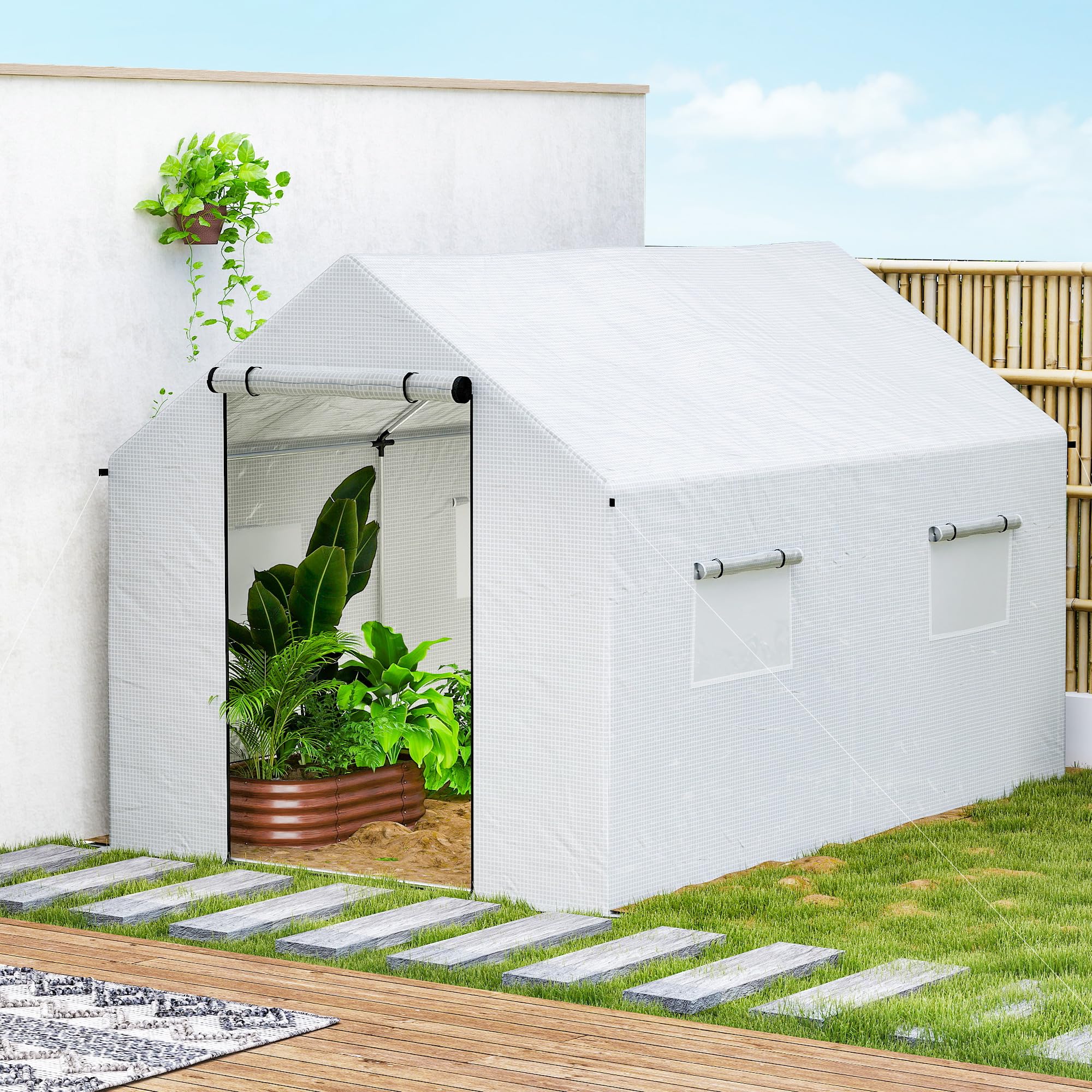 Outsunny Invernadero de Exterior 2x3x2 m Invernadero de Túnel con 4 Ventanas de Malla y Puerta con Cremallera Invernadero de Huerto Anti-UV para Patio Jardín Terraza Blanco