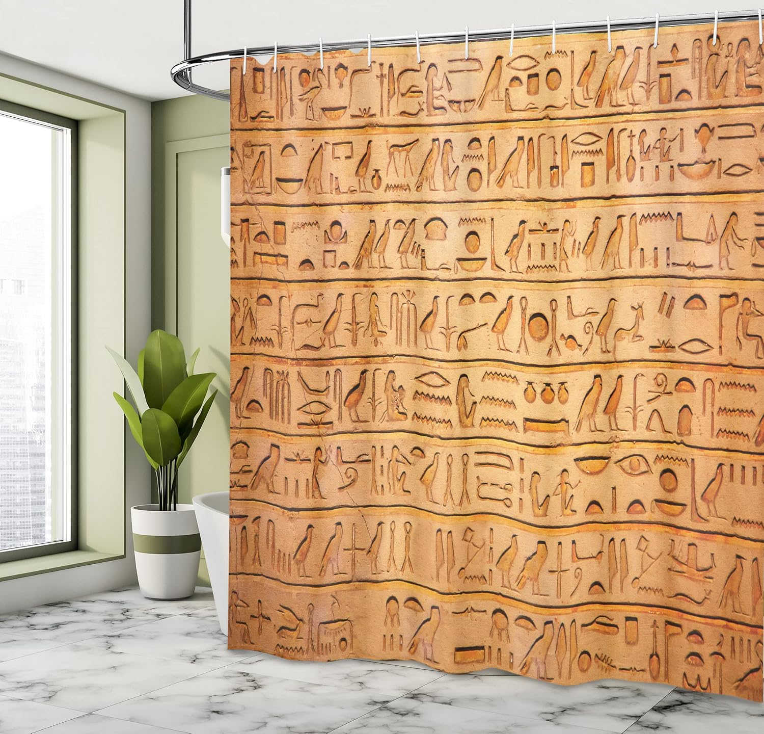 Ambesonne Egypt Shower Curtain, Hieroglyph Stones with Historic Prehistoric Art Style Different, Cloth Fabric Bathroom Decor Set with Hooks, 69" W x 70" L, Pale Orange Amber