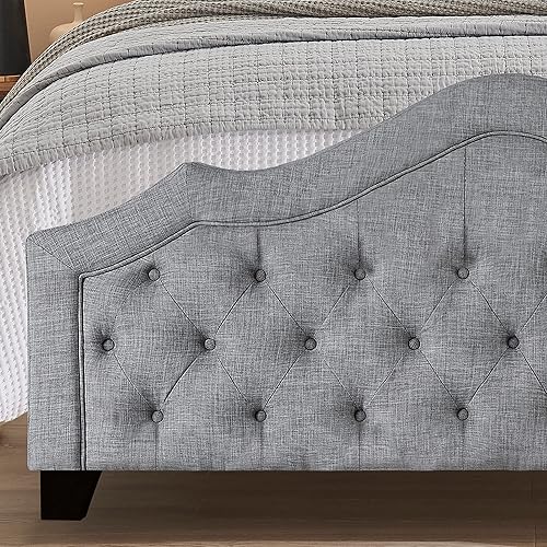 Miniatura 7 de Rosevera Noblesville - Marco de cama tapizado de lino para dormitorio marco de cama Queen fácil montaje Queen gris