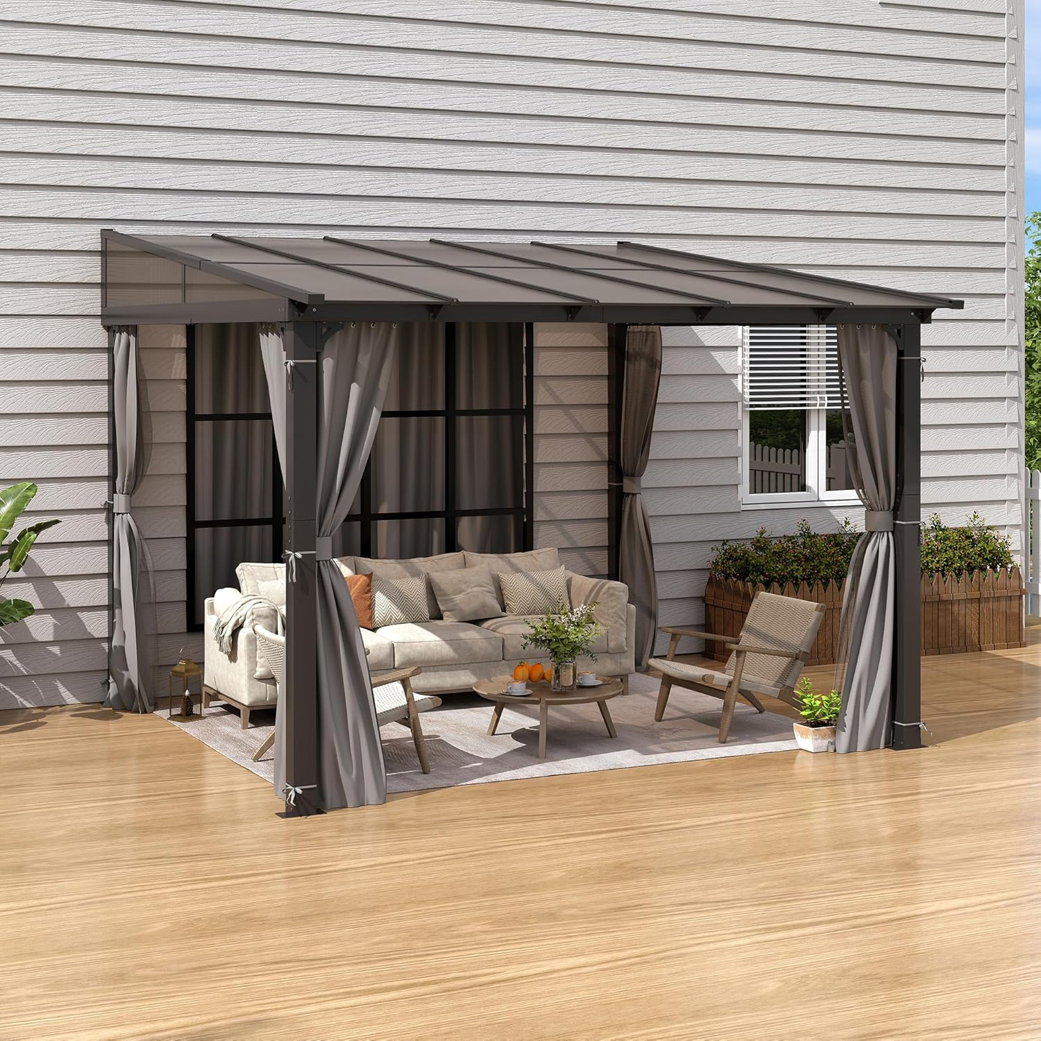 10' x 10' Wall Mounted Gazebo, Lean to Gazebo with Aluminum Frame, Polycarbonate Hardtop Gazebos Pergola with Sloping Roof for Outdoor, Backyard, Patio