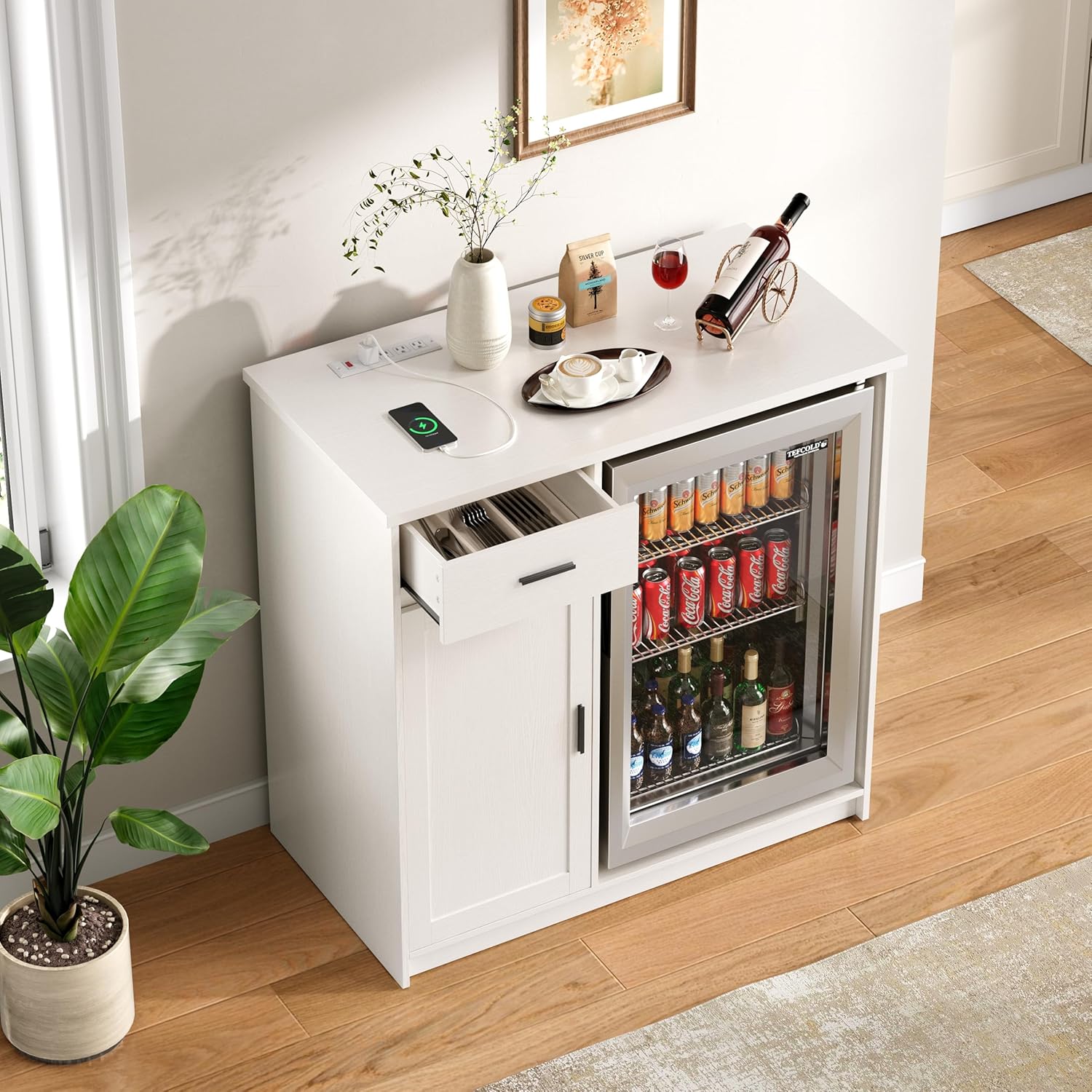 Mini Fridge Cabinet,Coffee Bar Cabinet with Fridge Space & Wine Storage with Outlets,Fits 24" Fridge,Mini Fridge Stand,Buffet Sideboard Table Wine Cabinet for Kitchen Dining Room White KH05MRW
