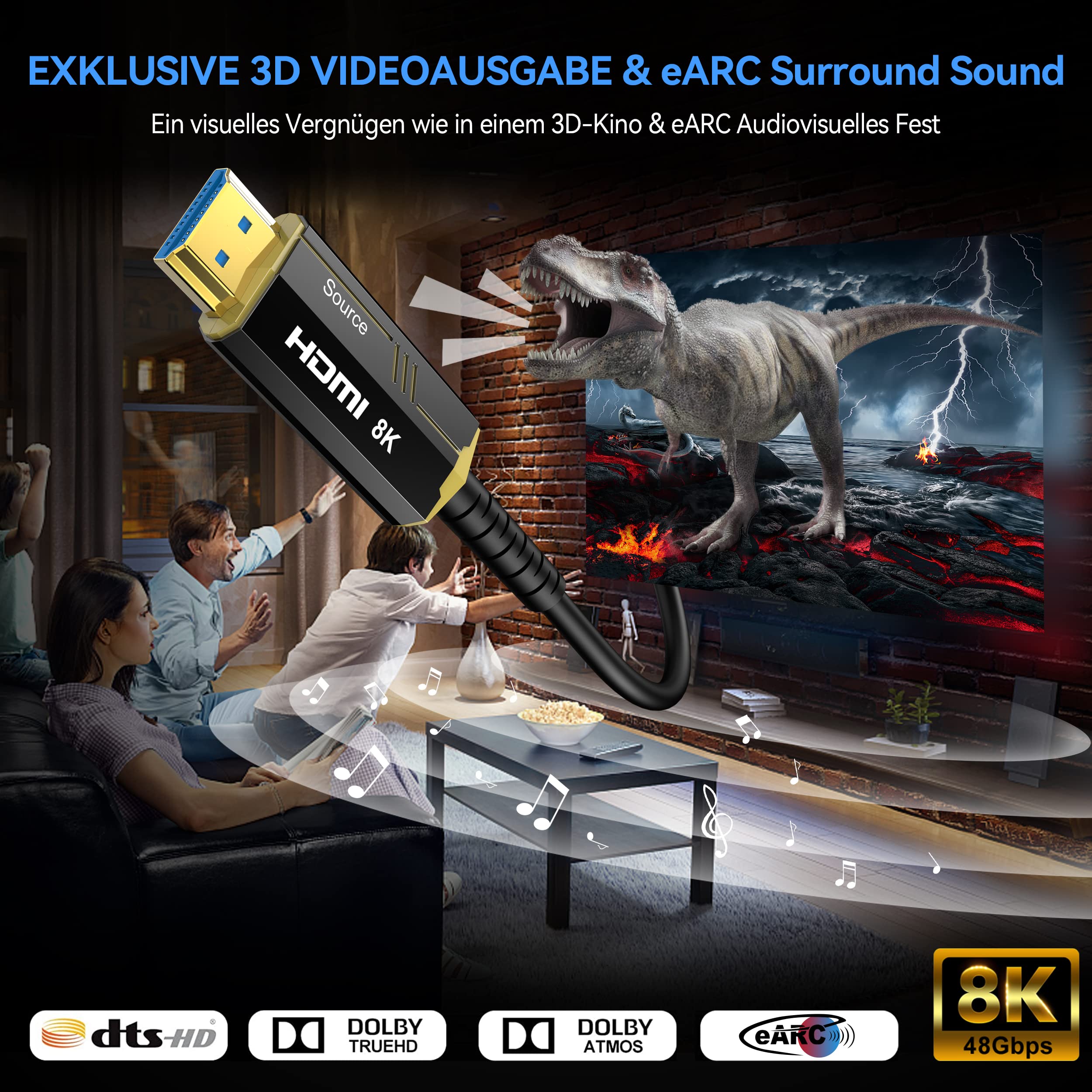 DGHUMEN Cavo HDMI Fibra Ottica 10 Metri, Cavo HDMI 2.1 8K 48Gbps Supporta 8K@60Hz 4k@120/144Hz Dynamic HDR, eARC, ARR, Dolby Atmos for PS5, PS4,PC, Proiettore, HDTV, Xbox