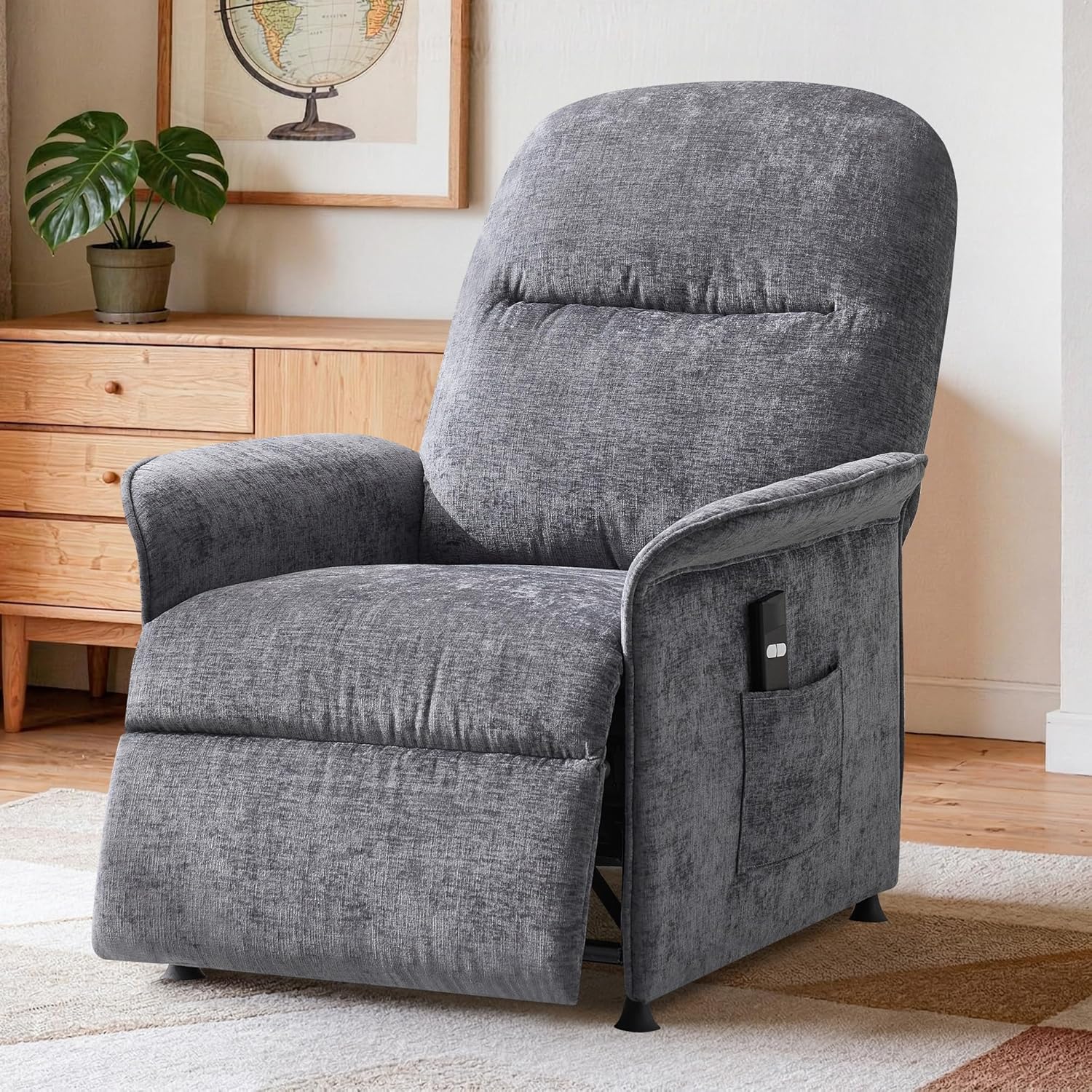 Power Recliner Chair for Adults, Electric Chenille Recliner with Curved Arms & Side Storage Pockets, Ergonomic Adjustable Reclining Chair for Living Room Bedroom, Light Grey