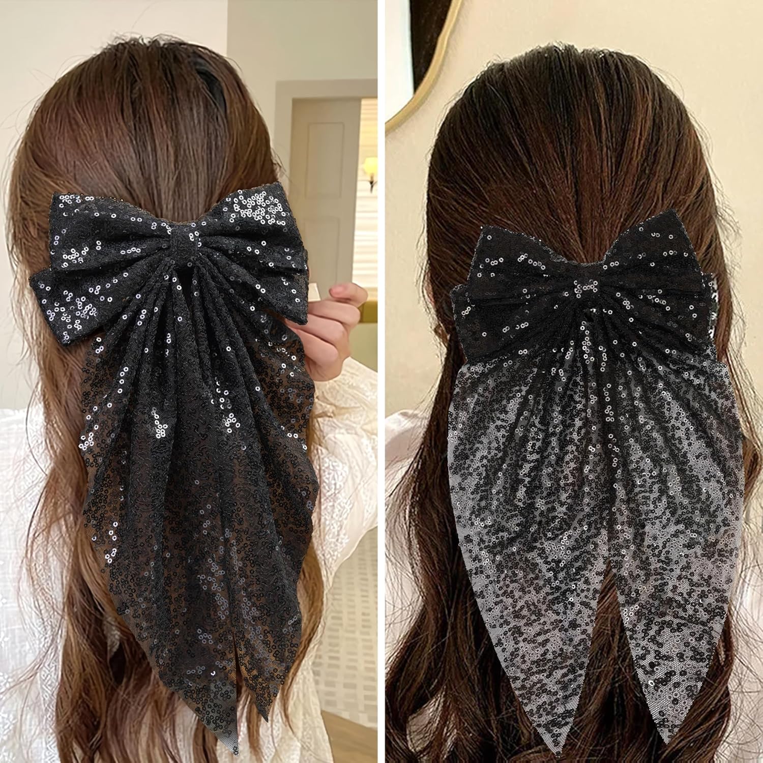 Hair Bows for Women, 20x38cm Large Hair Bows Clip Black and Silver Cute Hair Bows, Hair Bow Clips Ribbon Bows for Hair (Black) - Image 7