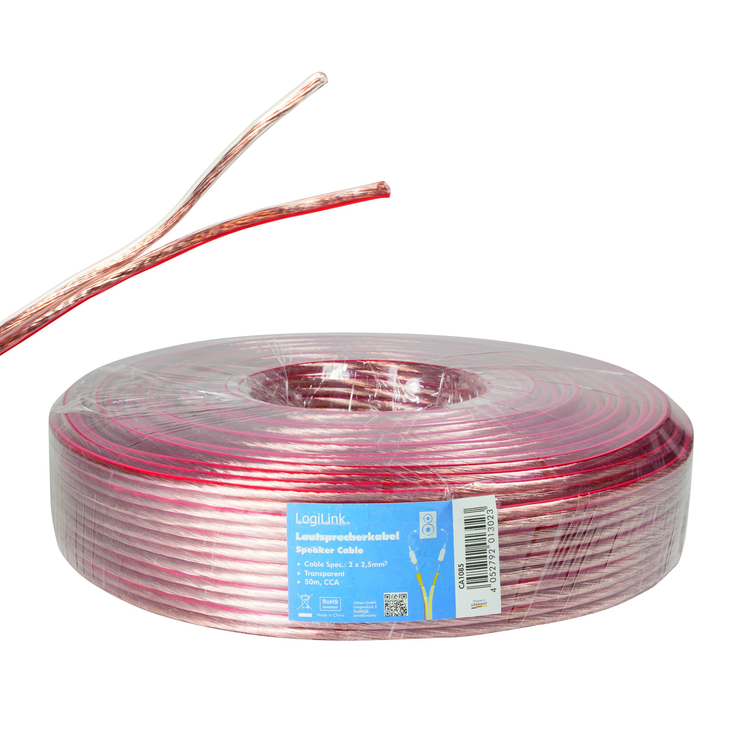 'LogiLink ca1085 - Altoparlante per HiFi, 2 x 2,50 mm, sezione 50 m, colore: Trasparente