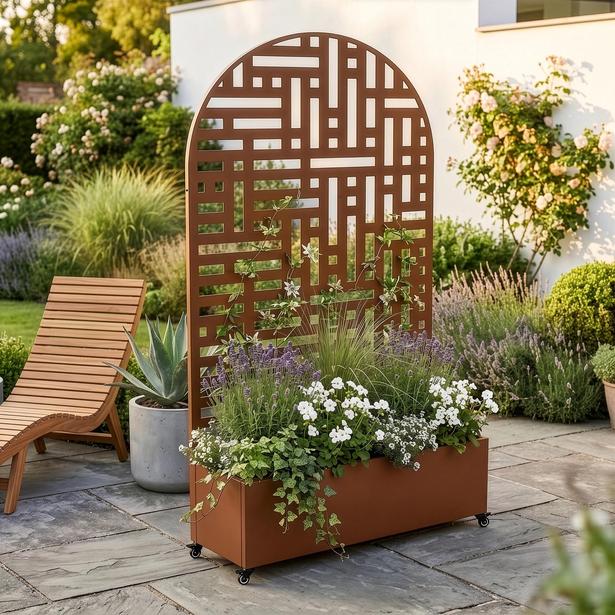 casa.pro Fioriera con Spalliera Arcuata in Acciaio 190x120x38 cm Marrone | Zincato Pannello Divisorio Decorativo Portapiante a Rotelle Separè Privacy Ruote da Interno Esterno Giardino Terrazza