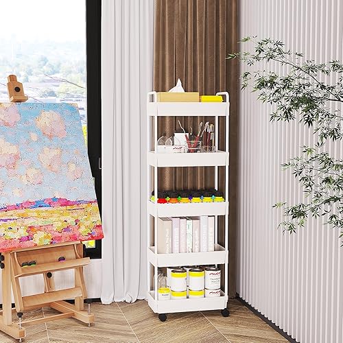 Miniatura 5 de Buzowruil Carrito de almacenamiento rodante de 5 niveles, organizador de estantería móvil, carrito utilitario con ruedas para cocina, baño,