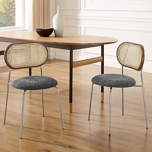 Art Leon Juego de 2 sillas de comedor de ratán, sillas de comedor modernas de mediados de siglo con respaldo de ratán, sillas de comedor tapizadas