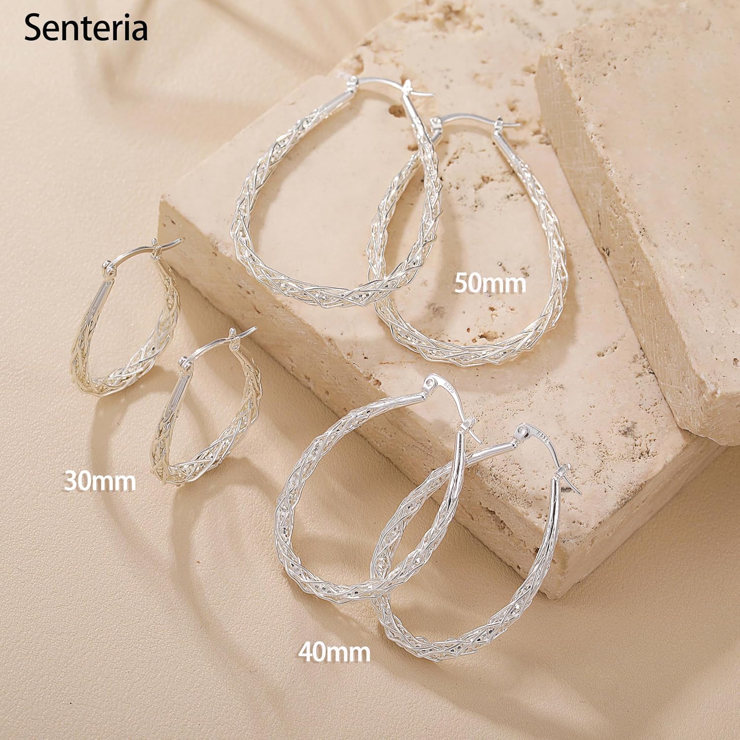 Senteria Sterling Silver Hoop Earrings - Medium, Lightweight, Thick Twist Oval Hoops - Image 6