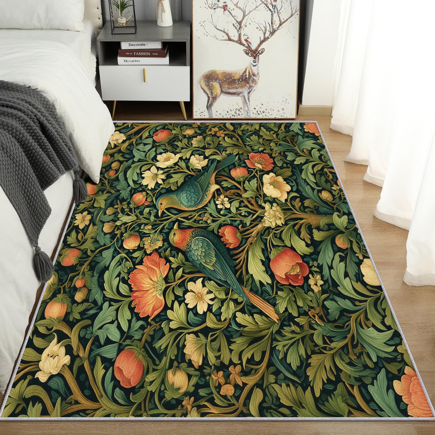 Generisch Vintage Blumen Teppich, Teppich Schlafzimmer Wohnzimmer Blumen Vogel, Wohnzimmerteppich Schlafzimmer Dekoration rutschfeste Waschbar Flanell 160x230 cm V-M5