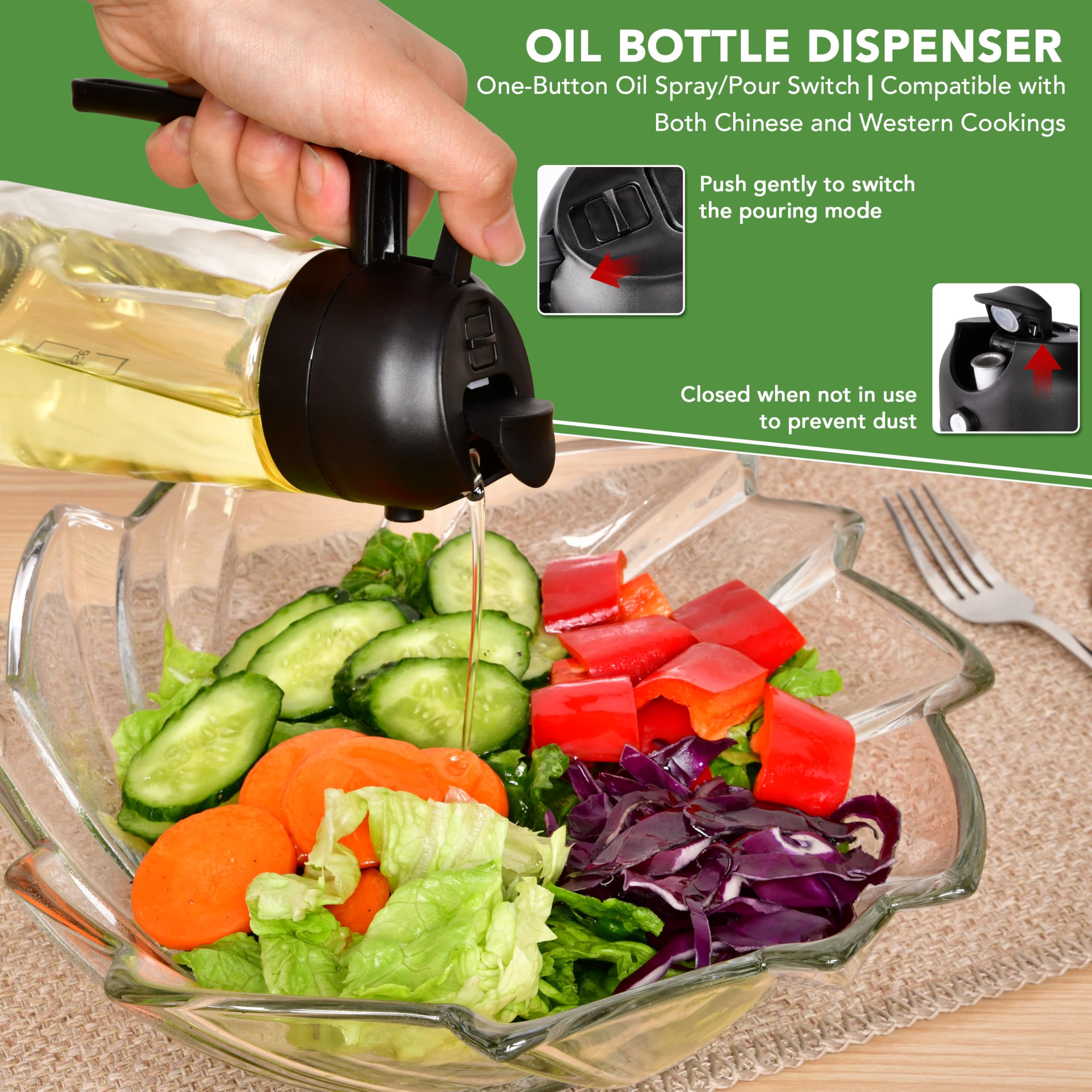 Pulverizador y dispensador de aceite 2 en 1, con botella de vidrio de aceite de oliva para cocinar, y convertirlo en freír al aire, ensalada, barbacoa y hornear, color negro
