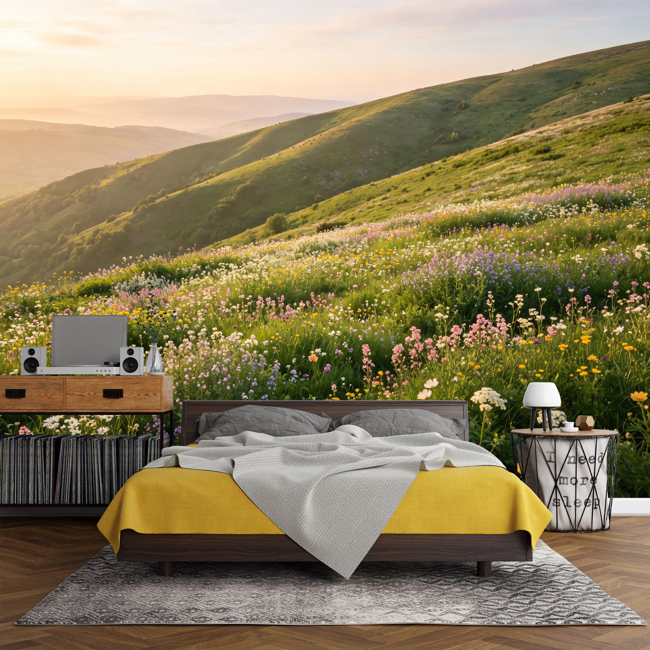 Custom Size Wall Mural， Mountain Meadow Wildflower Sunrise Landscape，SelfAdhesive Art Prints wall Fabric (No PVC) Removable Wallpaper Living Room Decor