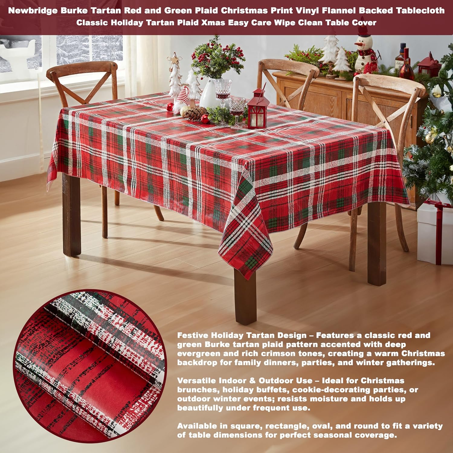 Newbridge Burke Tartan Christmas Red & Green Plaid 60 x 120 Inch Rectangle Vinyl Tablecloth with Flannel Backing – Classic Holiday Tartan Easy-Care Wipe Clean Table Cover
