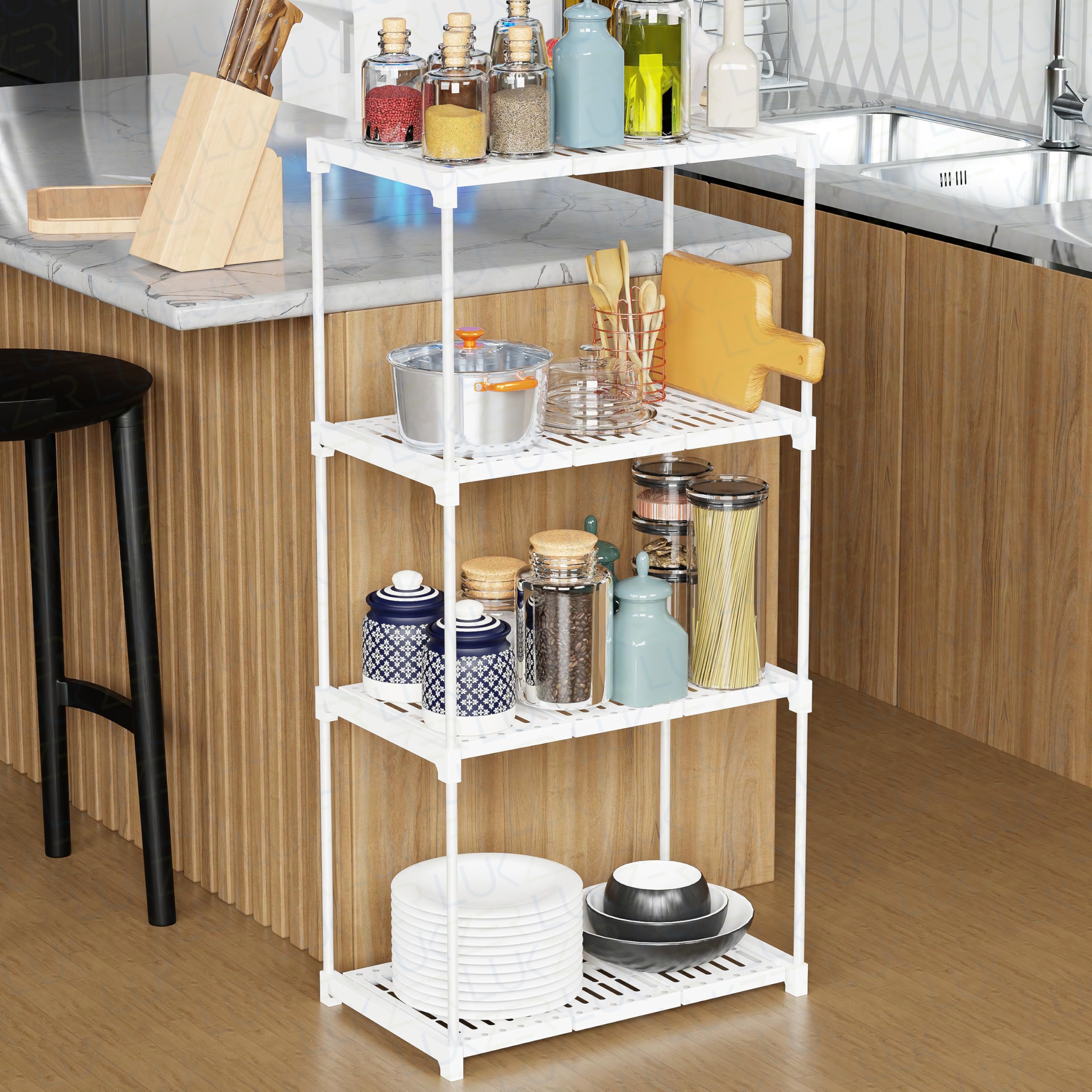 Lukzer 4 Layer Plastic & Metal Multipurpose Kitchen Organizer Rack Storage Utility Shelf Free-Standing for Living Room, Kitchen, Laundry Room, Pantry, Bathroom (86.5 x 44 x 26 cm/White)-image-37