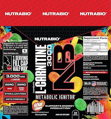 Miniatura 3 de NutraBio Disparos líquidos de L-carnitina - 3000 mg, (caramelo agrio) - 10 mg de vitamina B-5 - Cero carbohidratos y azúcares - Producción de
